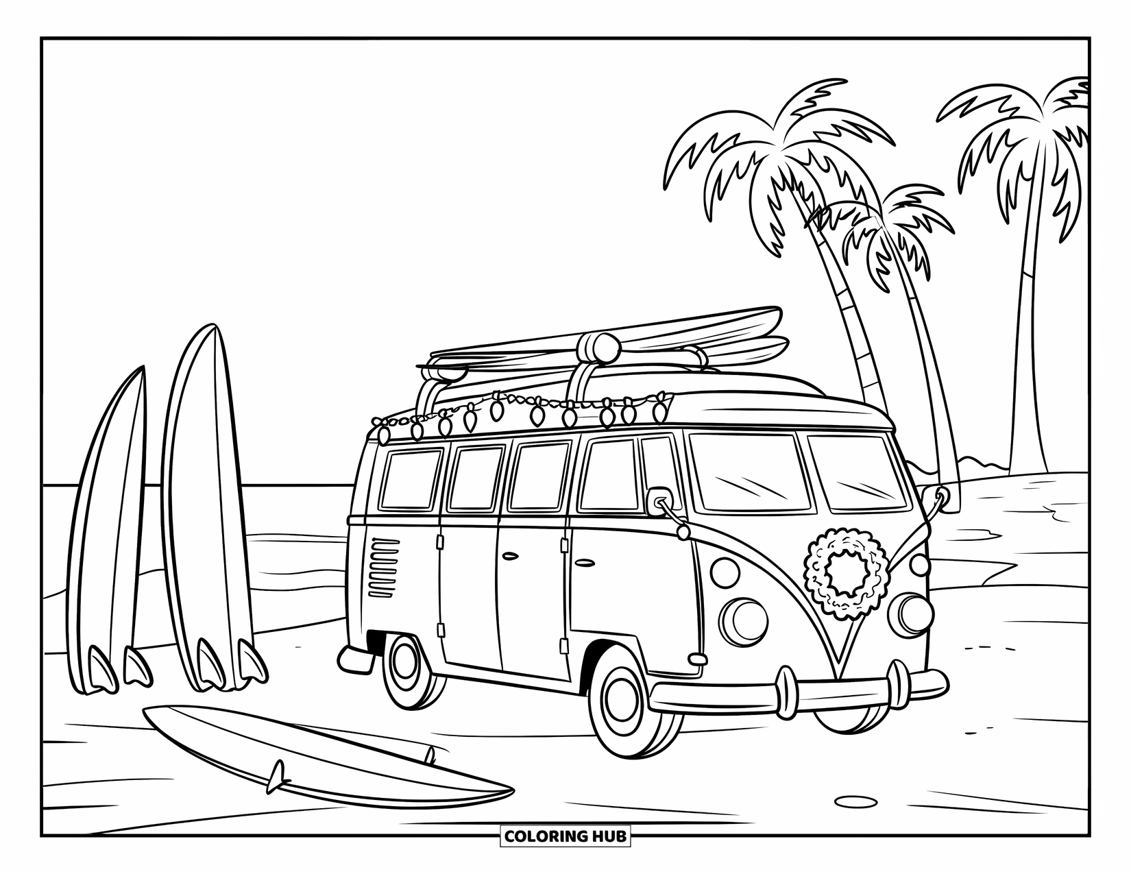 Christmas In July Coloring Page for Kids: A vintage camper van with surfboards and lights parked near the sandy shore