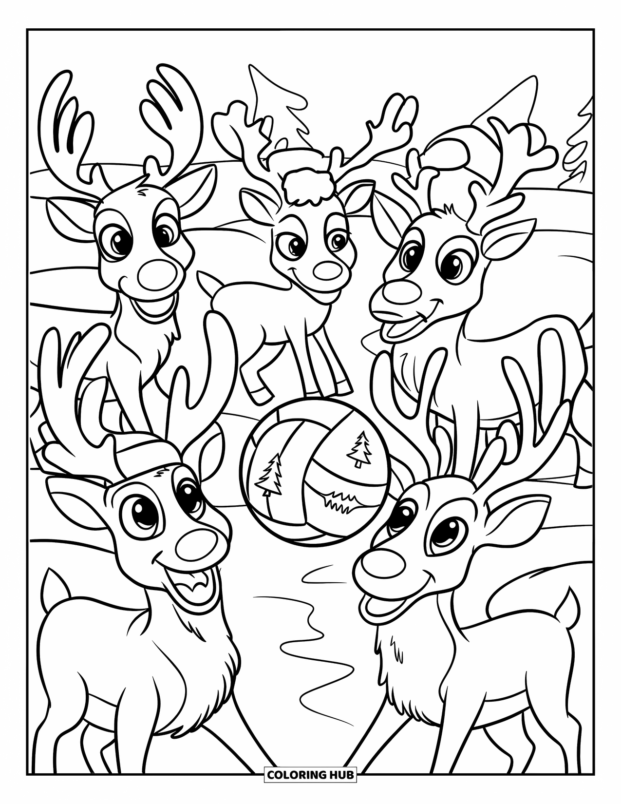 Christmas In July Coloring Page for Kids: Reindeer play volleyball in the snow with Santa hats and big smiles