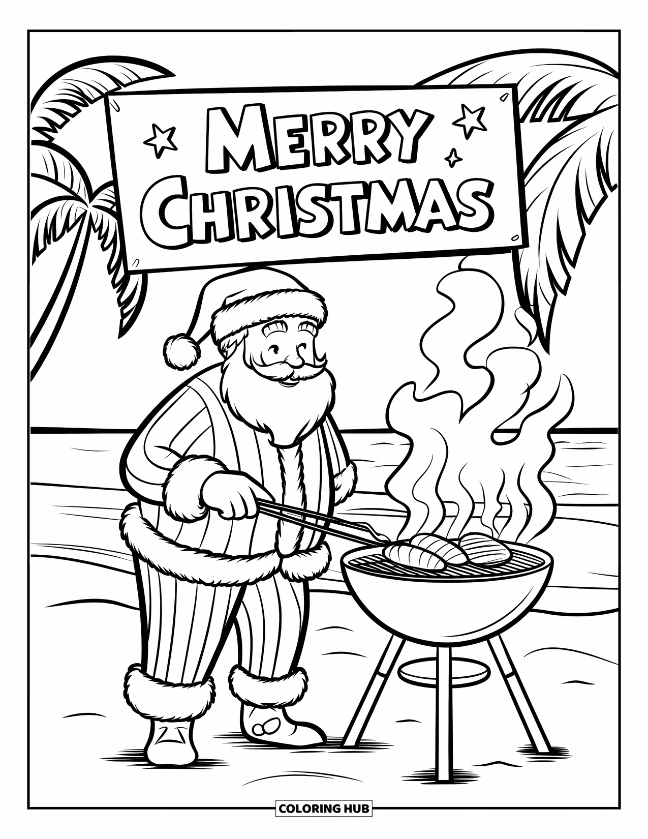 Christmas In July Coloring Page for Kids: Santa barbecues on the beach beside a Merry Christmas sign and waves