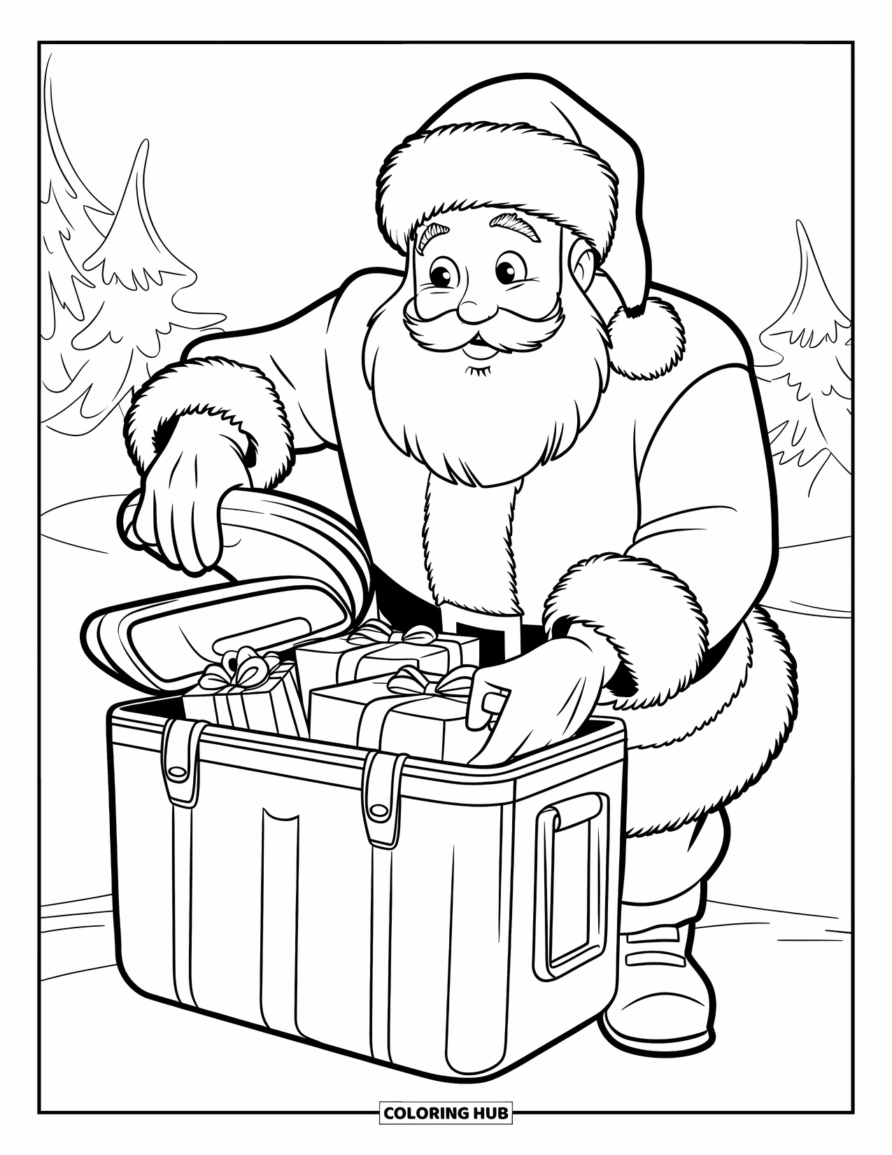 Christmas In July Coloring Page for Kids: Santa places wrapped gifts into a cooler on a snowy day