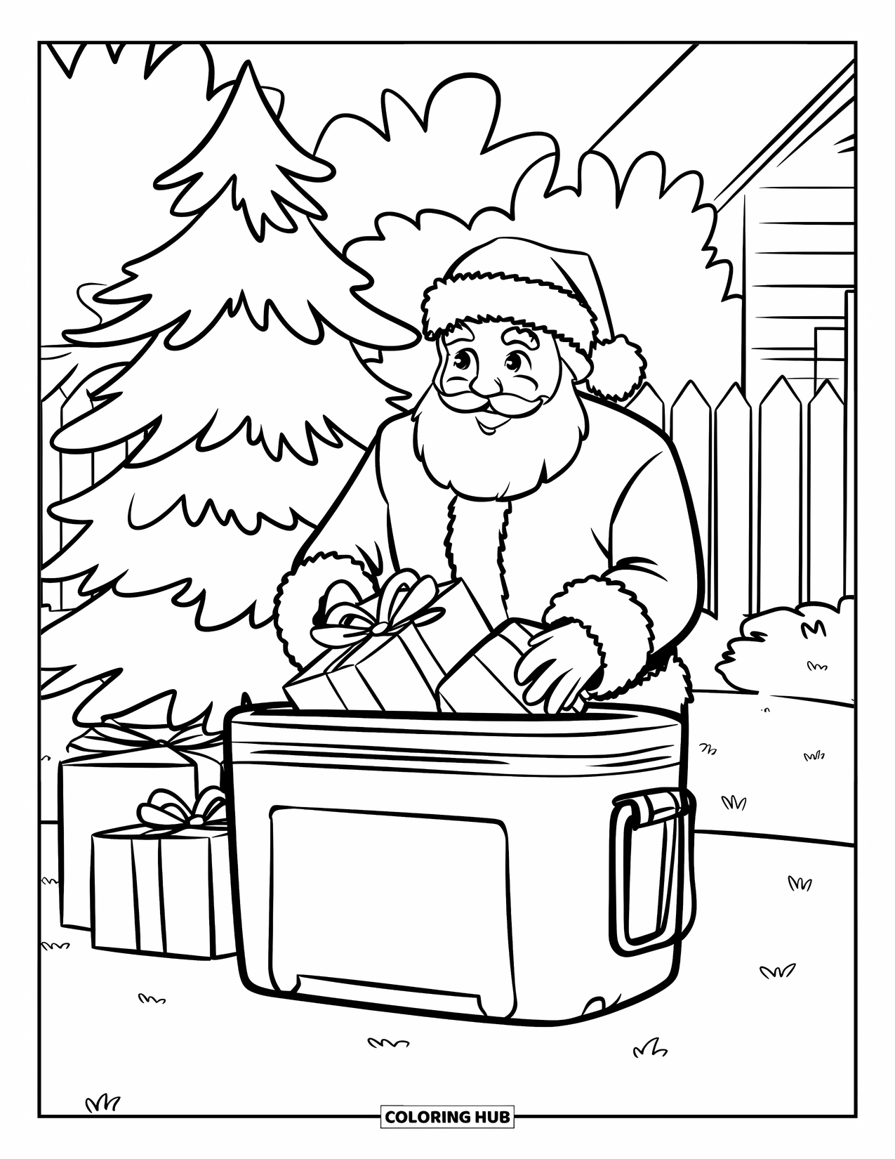 Christmas In July Coloring Page for Kids: Santa puts presents into a cooler near a Christmas tree and house