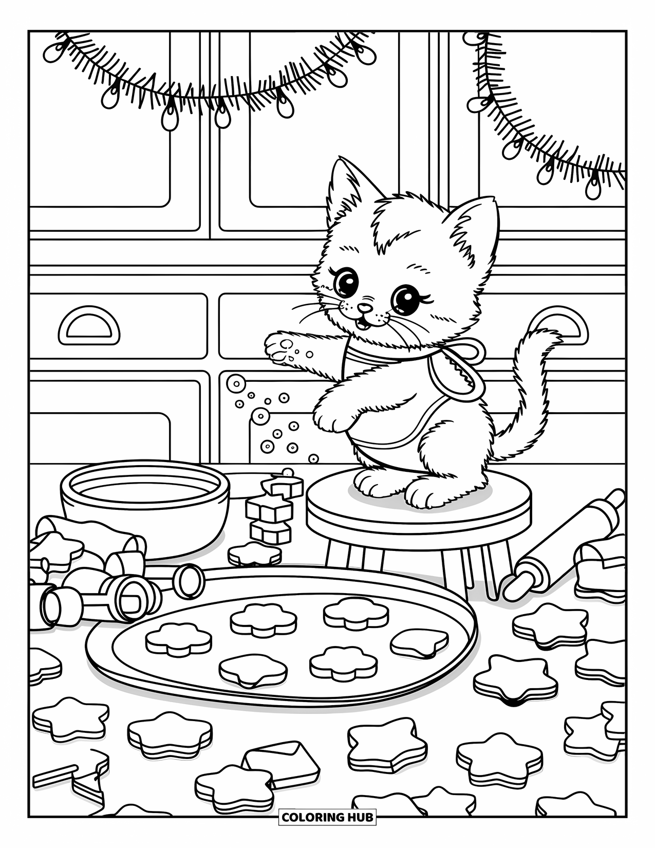 Christmas Kitten Coloring Page for Adults: A baking kitten with floury paws makes cookies in a warm holiday kitchen