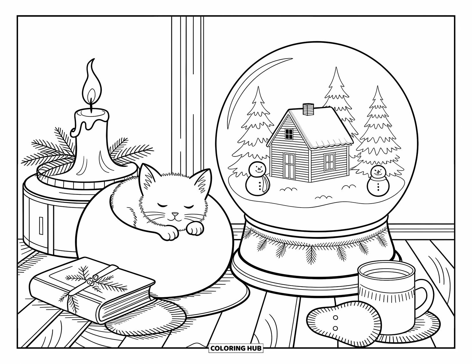 Christmas Kitten Coloring Page for Adults: A cozy kitten naps near a snow globe, candle, and steaming drink