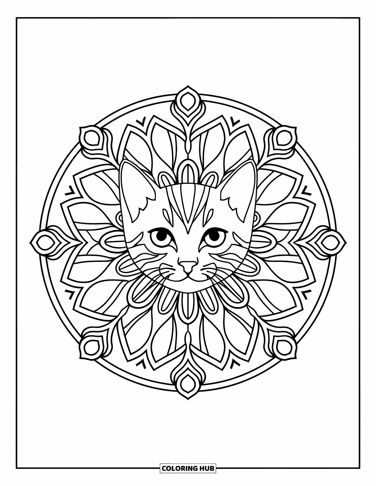 Christmas Kitten Coloring Page for Adults: A detailed snowflake mandala with a kitten face at the center