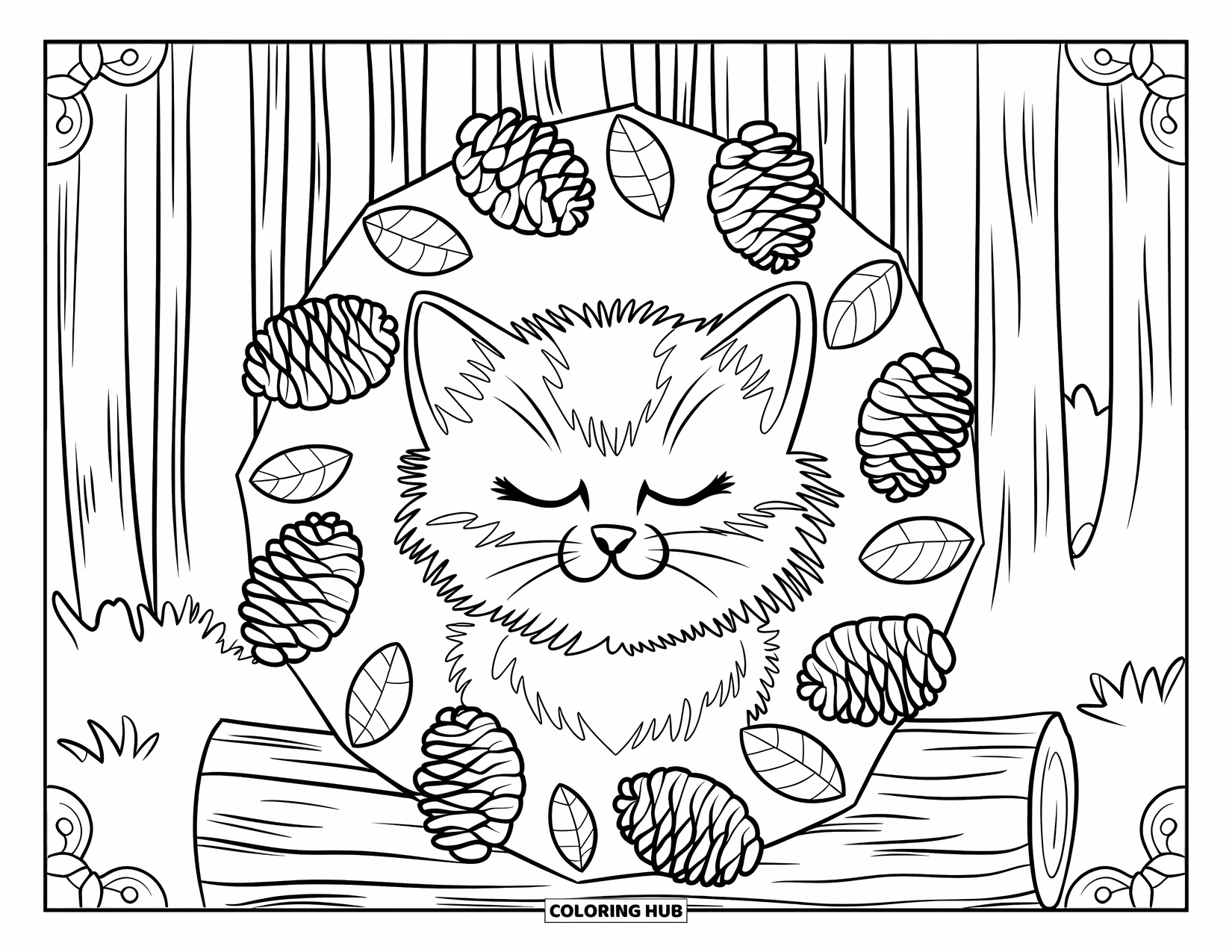 Christmas Kitten Coloring Page for Adults: A fluffy kitten rests on pinecones and evergreen leaves in a winter forest
