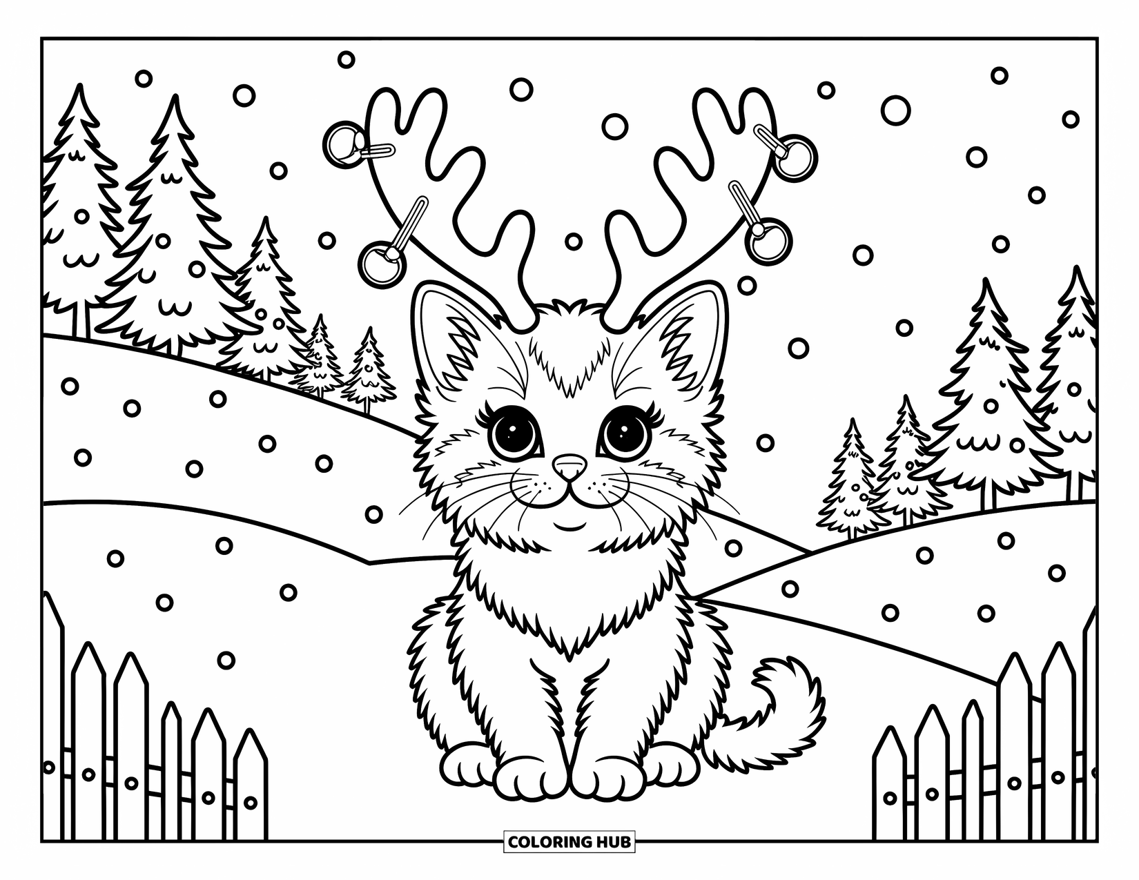 Christmas Kitten Coloring Page for Adults: A fluffy kitten with jingle bells on its antlers looks up at the snow