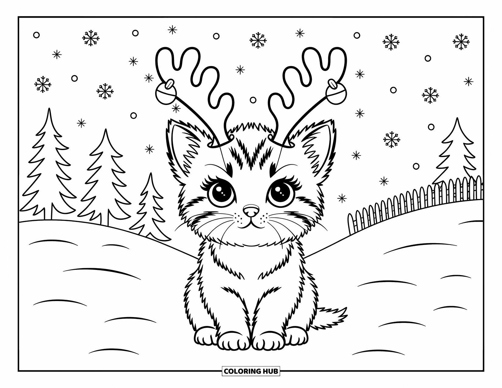 Christmas Kitten Coloring Page for Adults: A gentle kitten wearing antlers gazes at snow under soft winter light