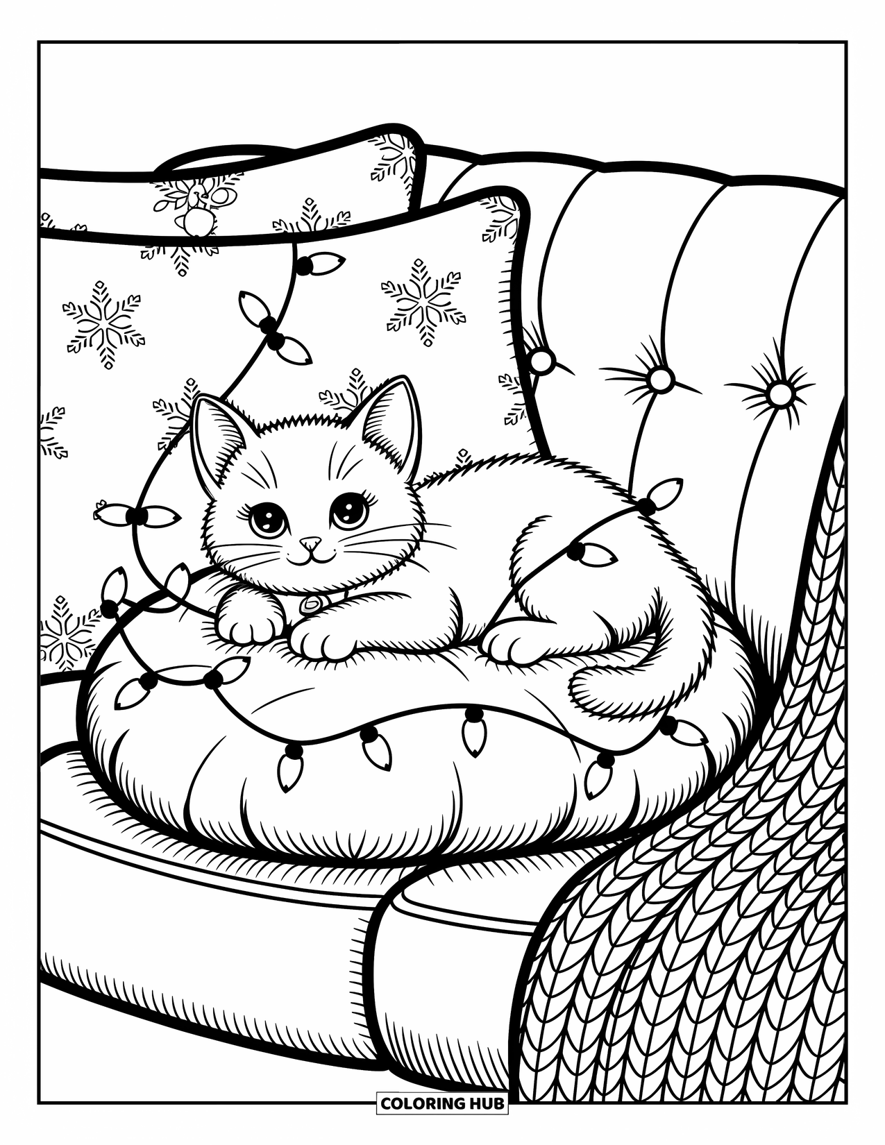 Christmas Kitten Coloring Page for Adults: A happy kitten lounges in lights on a couch with cozy blankets