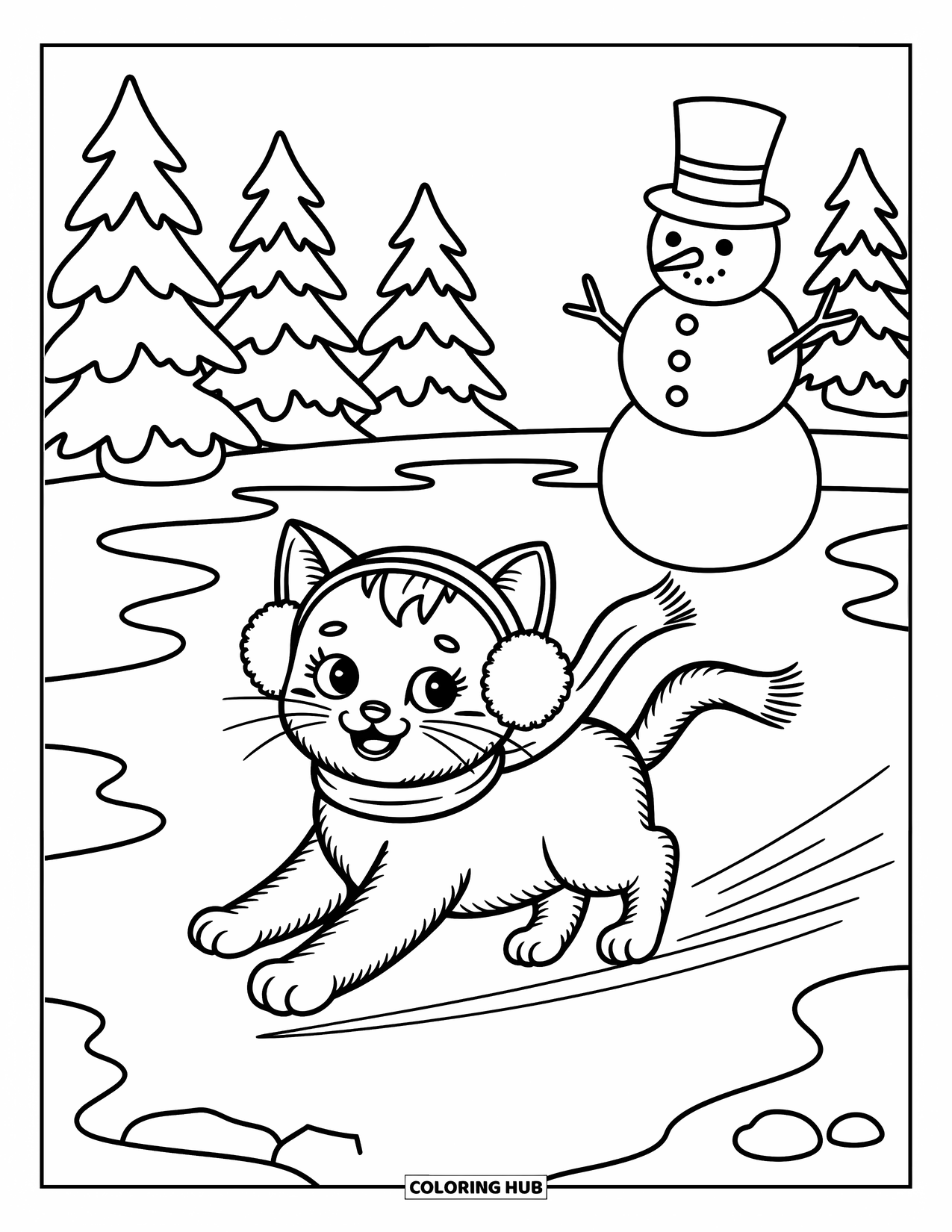Christmas Kitten Coloring Page for Adults: A happy kitten skates on a frozen pond past snowy trees and a snowman