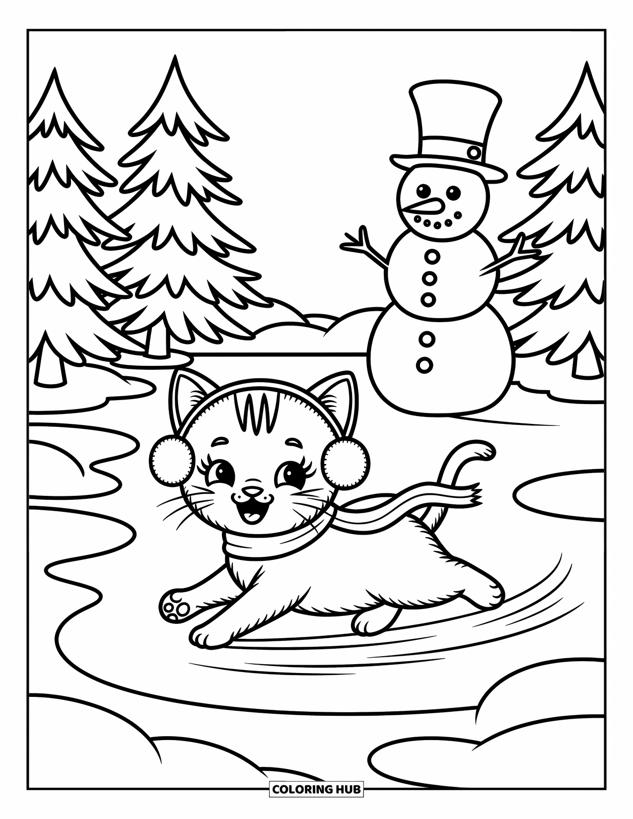 Christmas Kitten Coloring Page for Adults: A joyful kitten glides across an icy pond wearing earmuffs and a scarf