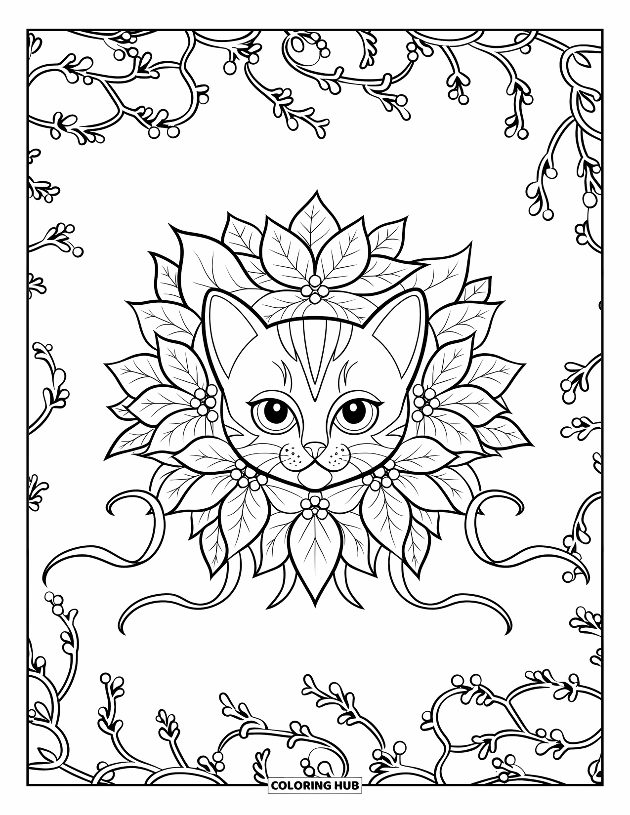 Christmas Kitten Coloring Page for Adults: A kitten at the center of a poinsettia wreath surrounded by flowing ribbons