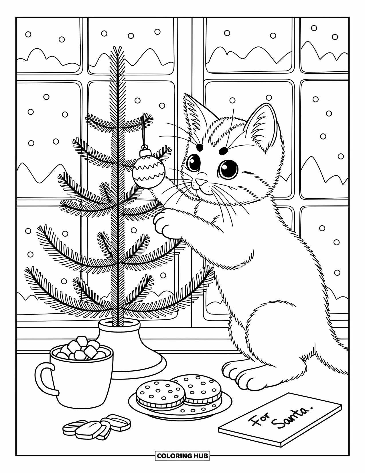 Christmas Kitten Coloring Page for Adults: A kitten balances on its hind legs to hang ornaments by a snowy window