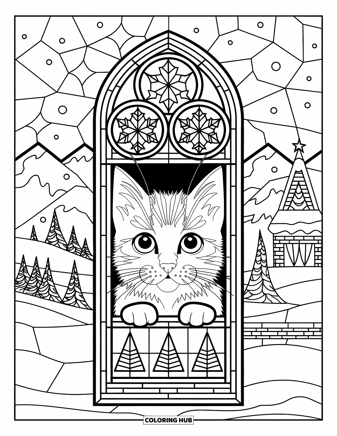 Christmas Kitten Coloring Page for Adults: A kitten framed in a stained glass window with snowflakes and a winter view
