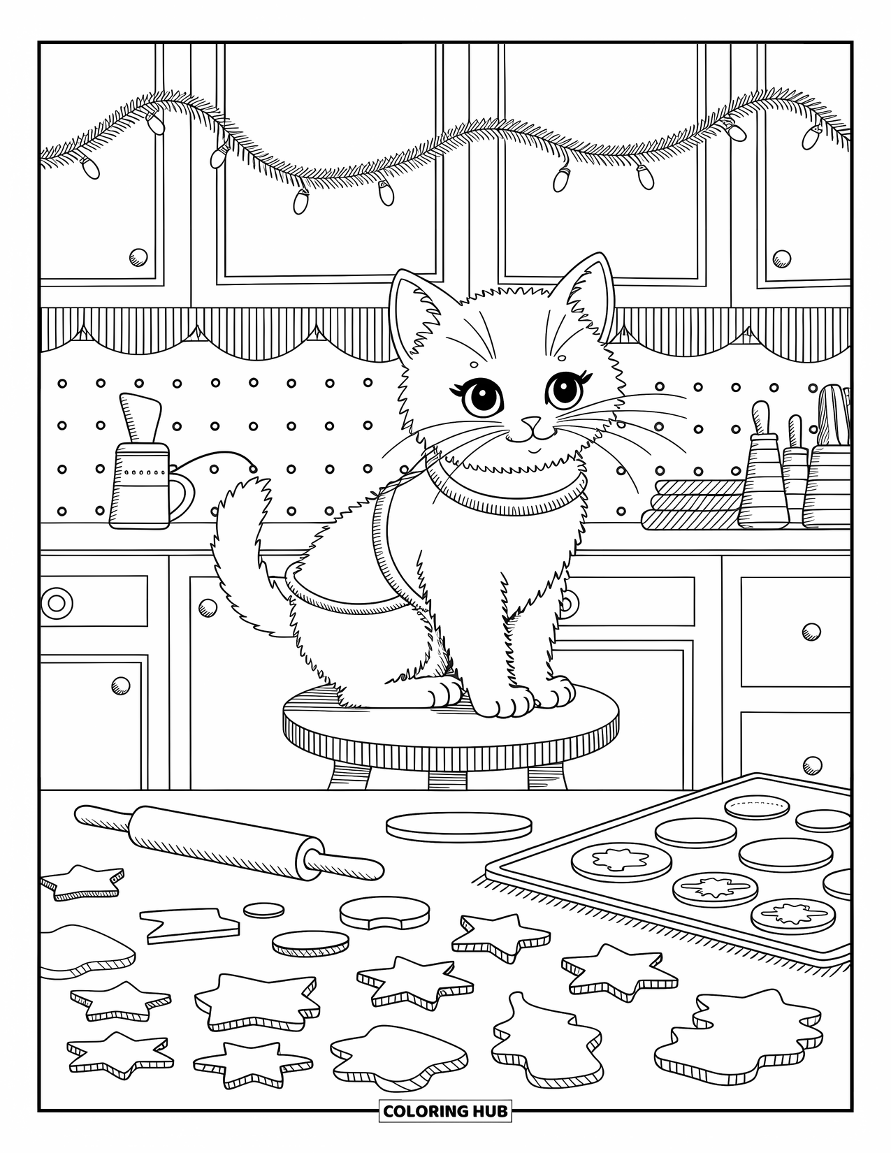Christmas Kitten Coloring Page for Adults: A kitten in a festive apron bakes cookies in a cozy, decorated kitchen