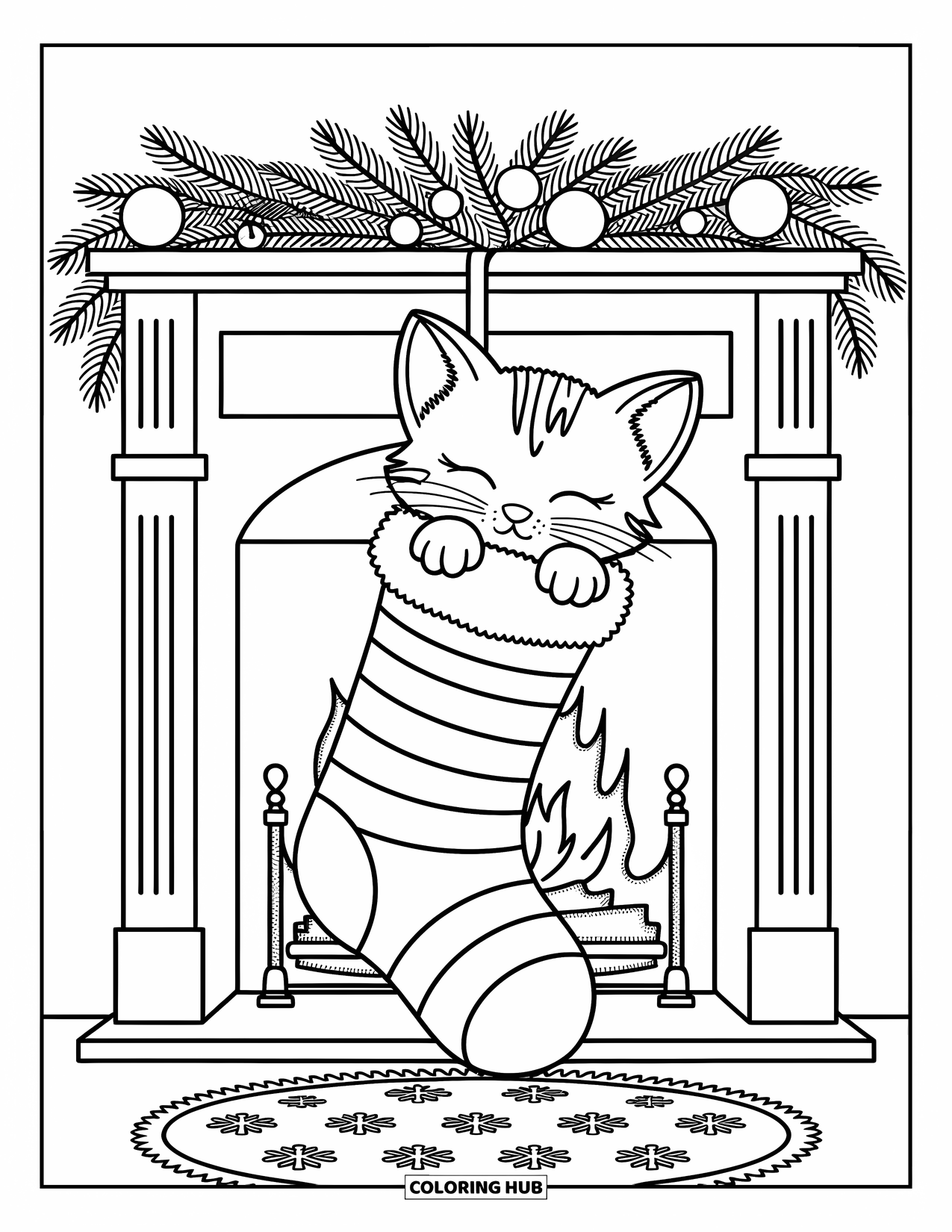 Christmas Kitten Coloring Page for Adults: A kitten naps in a holly stocking above a cozy, glowing fire