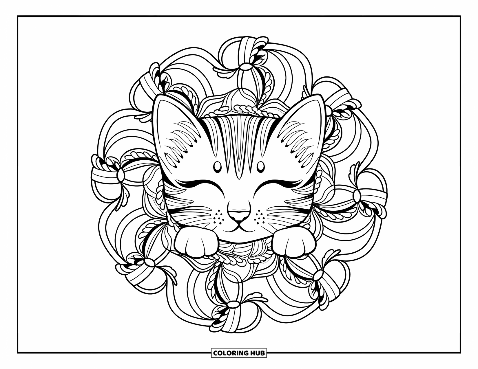 Christmas Kitten Coloring Page for Adults: A kitten nestled among swirling bows and garlands in a mandala pattern