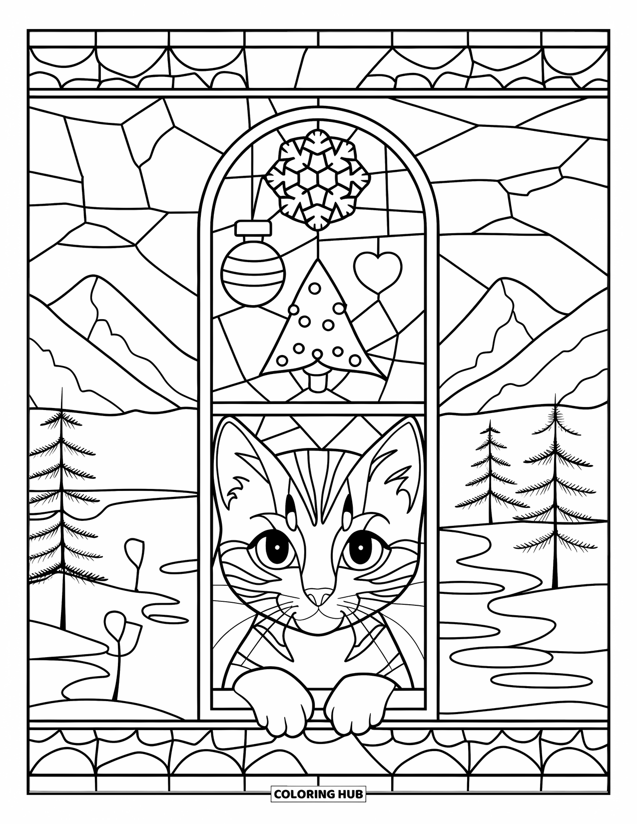 Christmas Kitten Coloring Page for Adults: A kitten peeks through a holiday window of stars, hearts, and trees