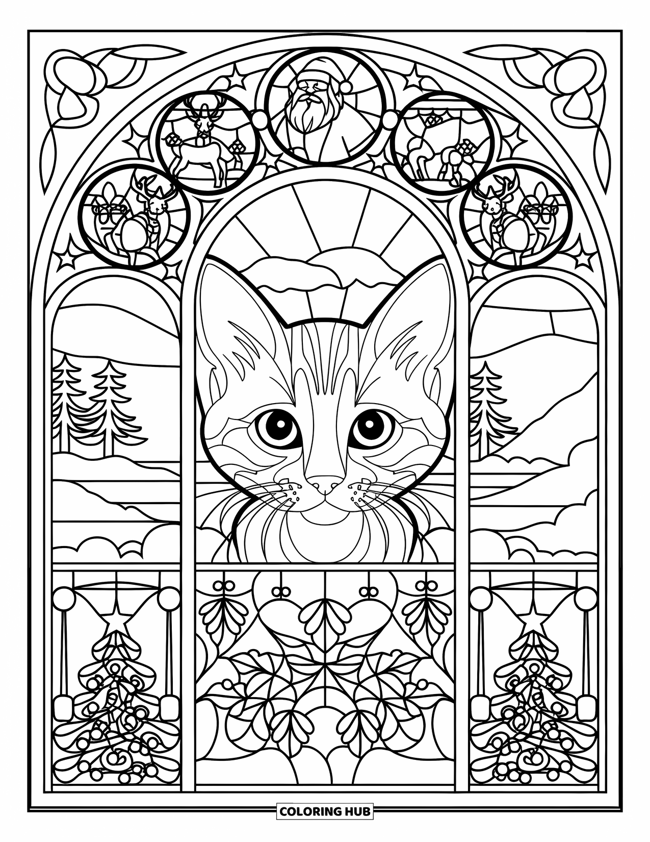 Christmas Kitten Coloring Page for Adults: A kitten peeks through a stained glass window of Christmas designs