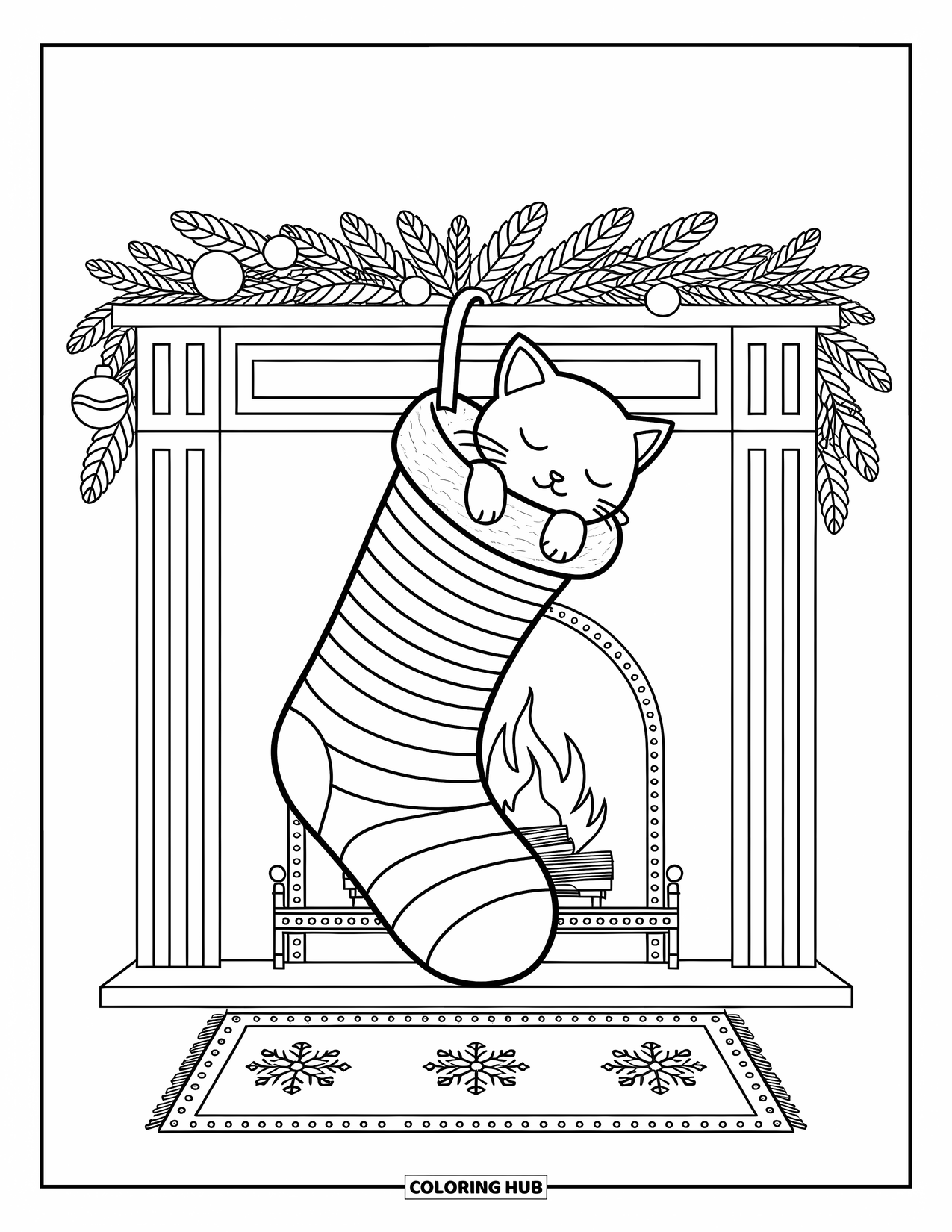 Christmas Kitten Coloring Page for Adults: A kitten sleeps inside a striped stocking hanging by a warm fireplace