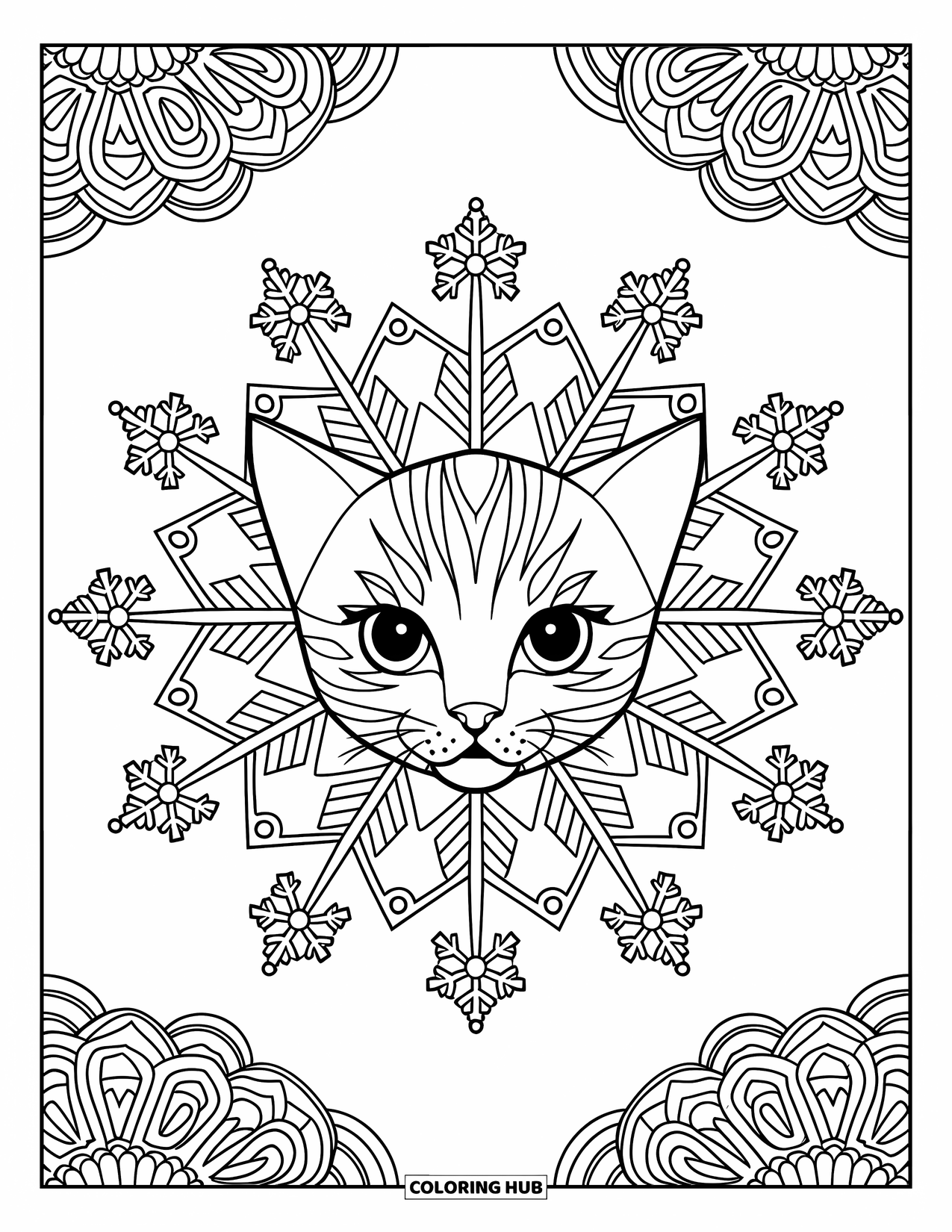 Christmas Kitten Coloring Page for Adults: A kitten's expressive face surrounded by a radiating snowflake mandala