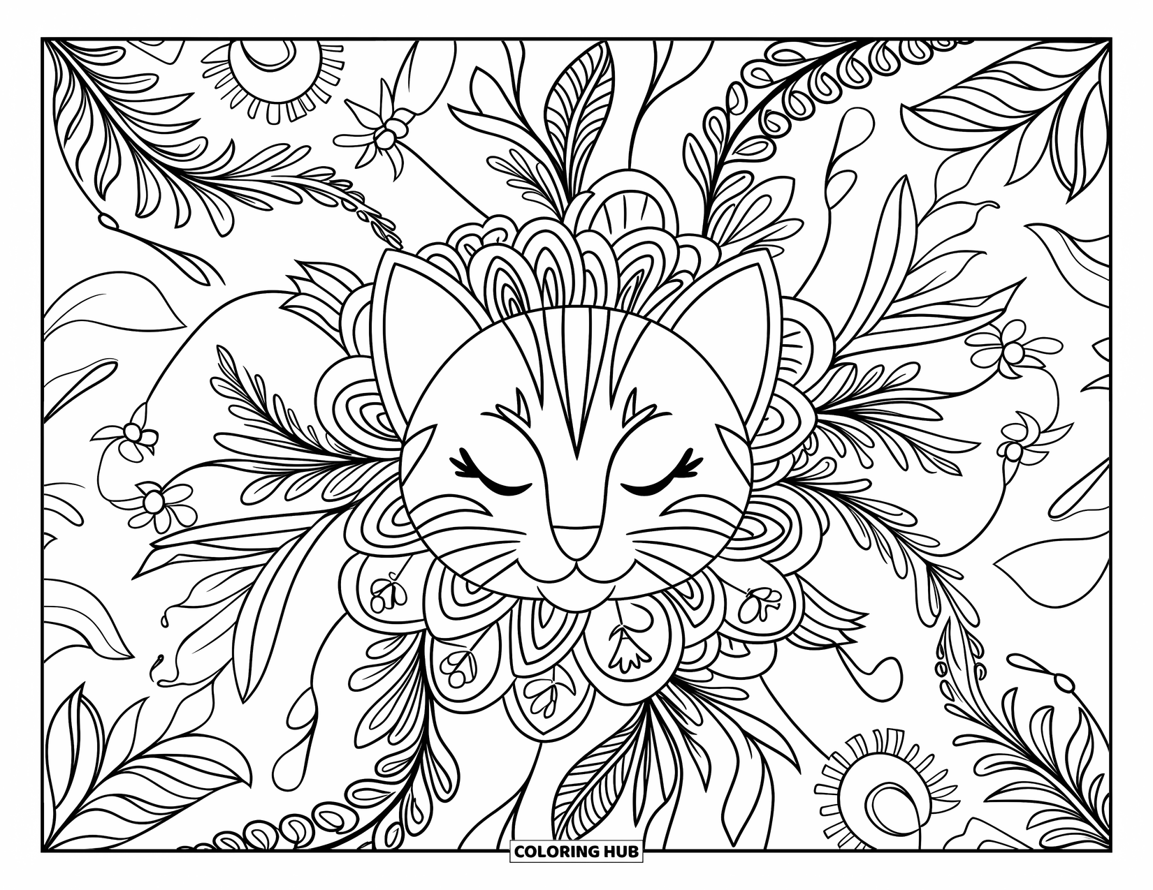 Christmas Kitten Coloring Page for Adults: A peaceful kitten face framed by leaves, ribbons, and flowers in a mandala