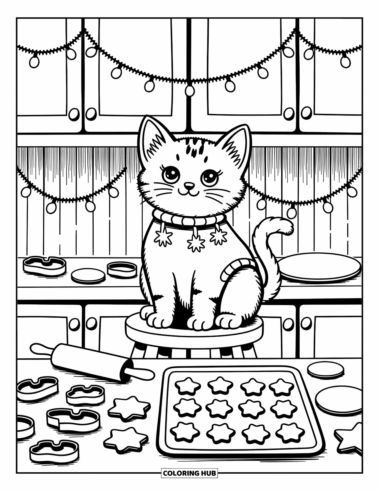 Christmas Kitten Coloring Page for Adults: A playful kitten bakes cookies on a stool surrounded by dough and cutters