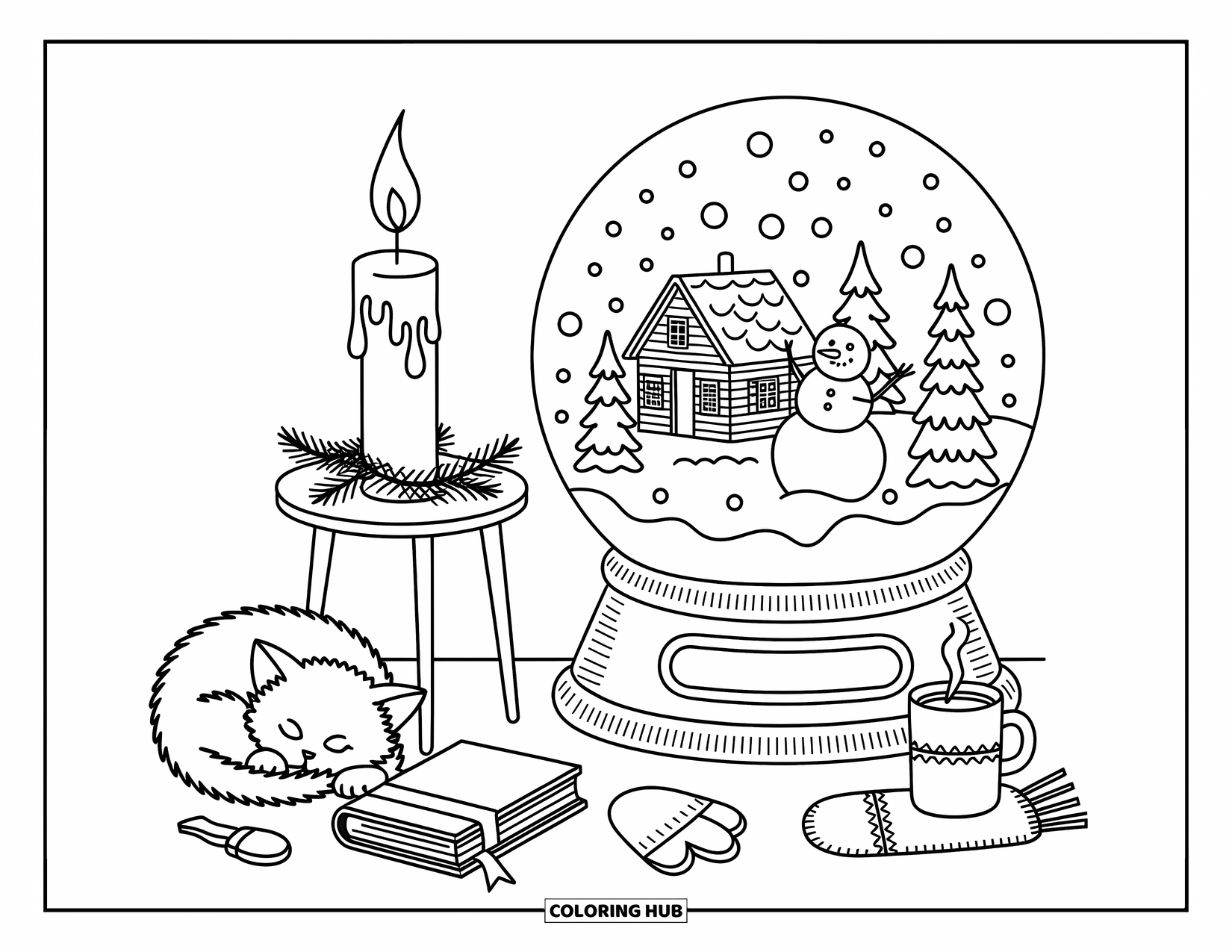 Christmas Kitten Coloring Page for Adults: A resting kitten beside a glowing snow globe dreams by soft candlelight