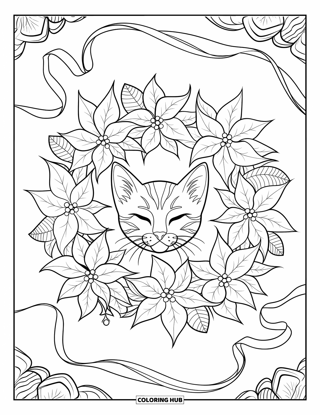 Christmas Kitten Coloring Page for Adults: A sleeping kitten framed by a poinsettia wreath with swirling ribbons