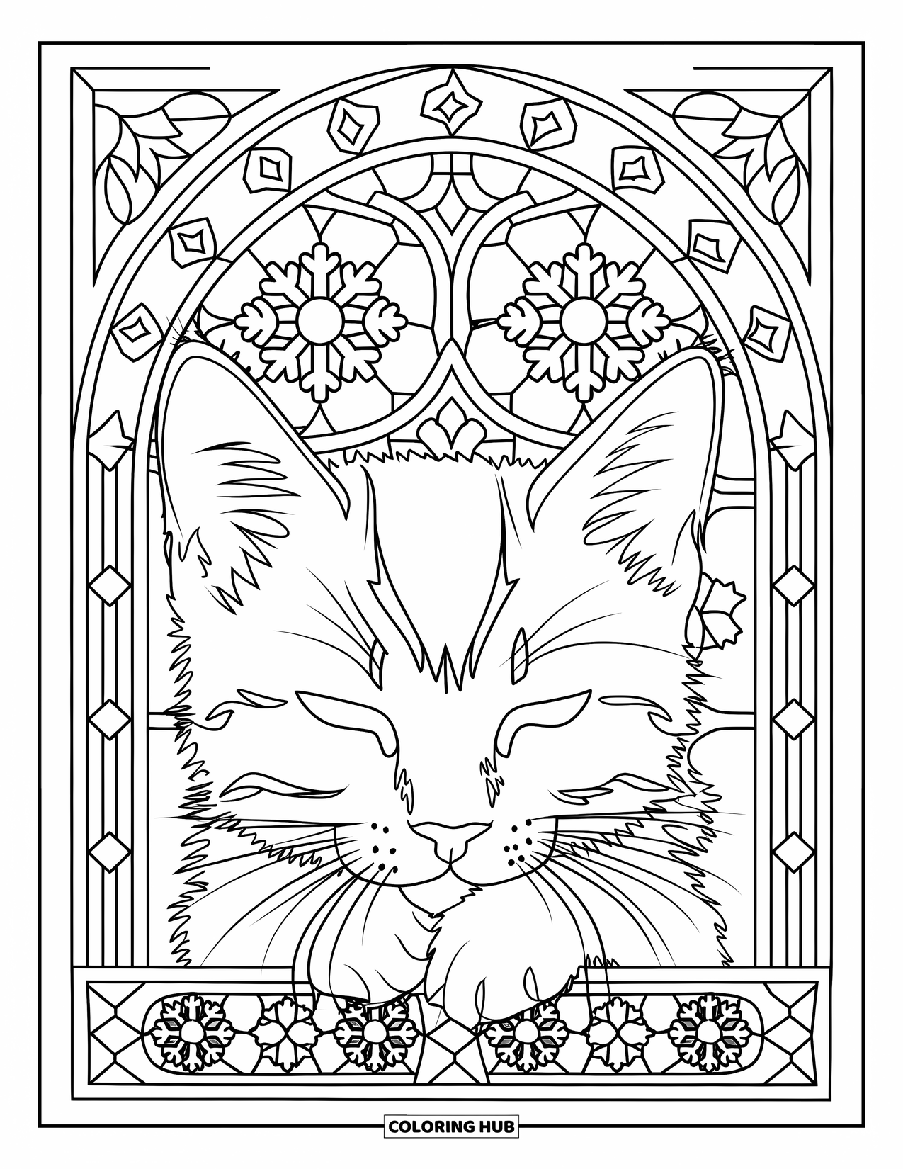 Christmas Kitten Coloring Page for Adults: A sleeping kitten rests beneath stained glass arches filled with snowflakes