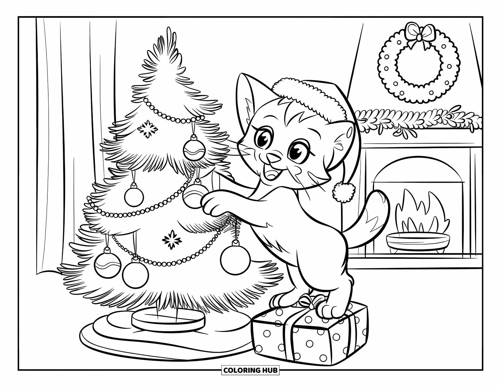 Christmas Kitten Coloring Page for Kids: A cheerful kitten decorates a small tree near a fireplace
