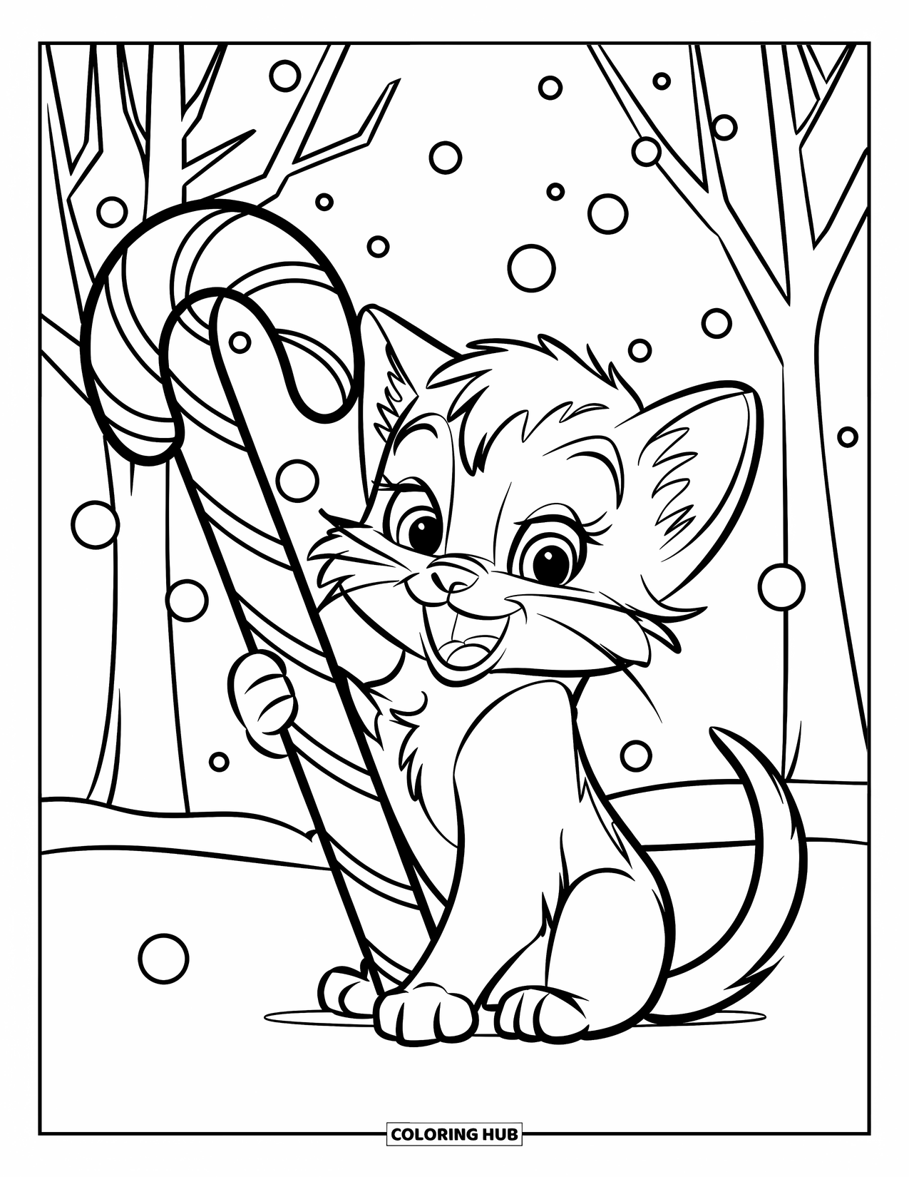 Christmas Kitten Coloring Page for Kids: A cheerful kitten hugs a candy cane under falling snowflakes