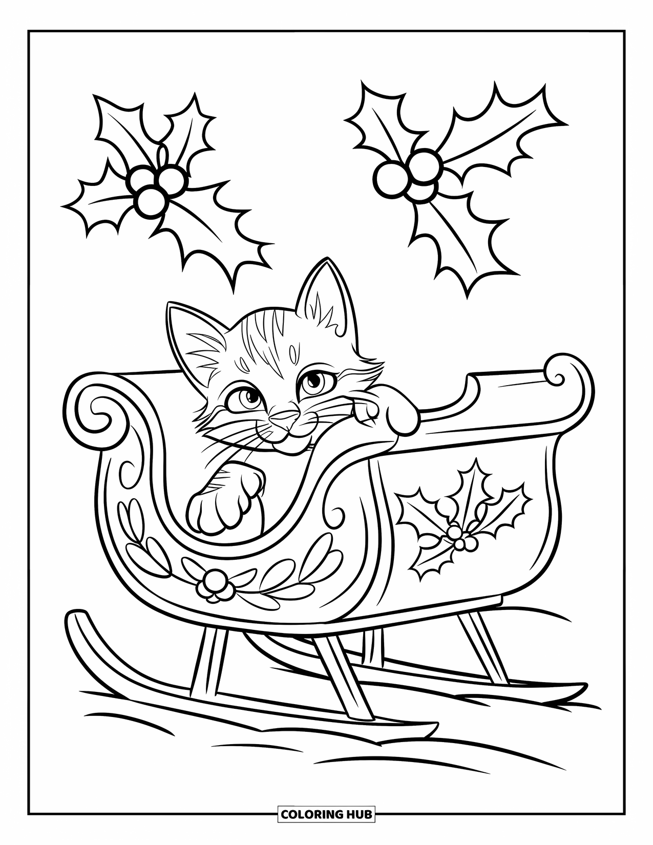 Christmas Kitten Coloring Page for Kids: A curious kitten peeks from a holly sleigh in the snow