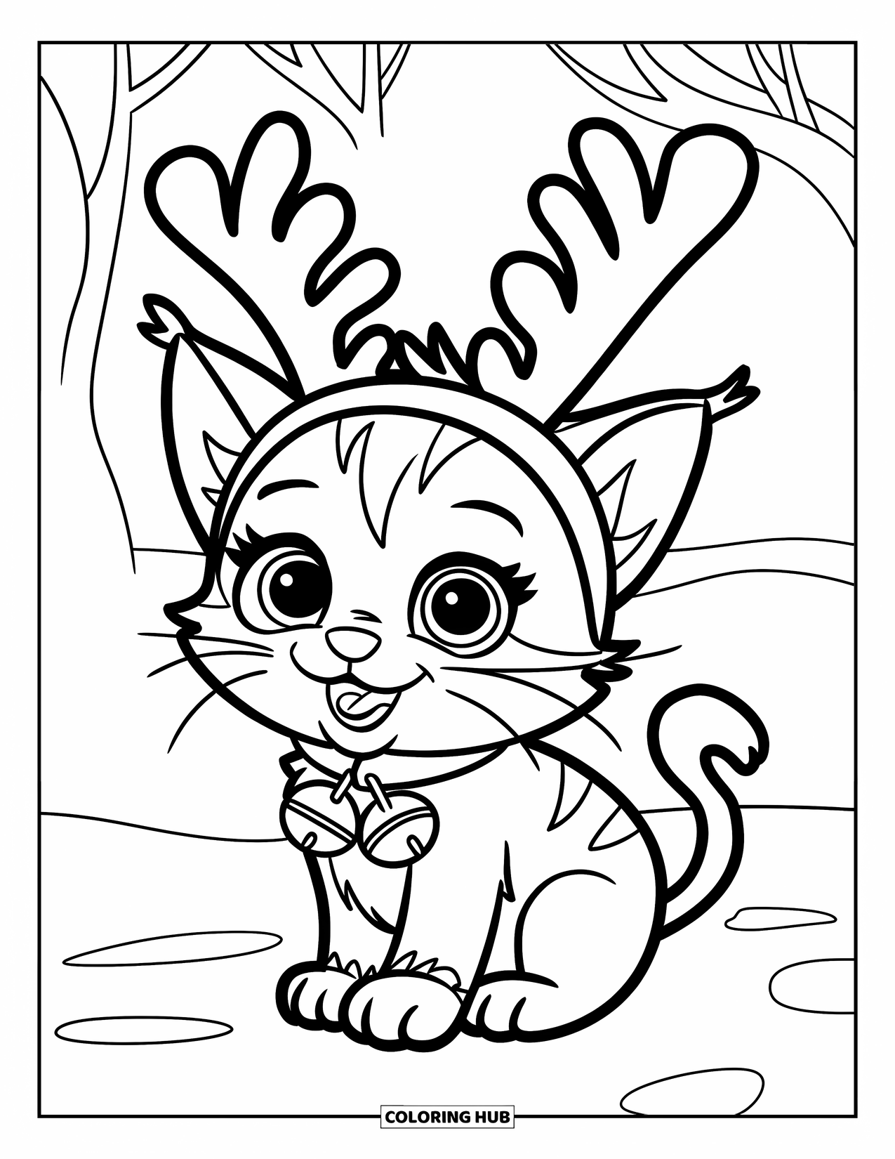 Christmas Kitten Coloring Page for Kids: A festive kitten with antlers sits beneath snowy branches