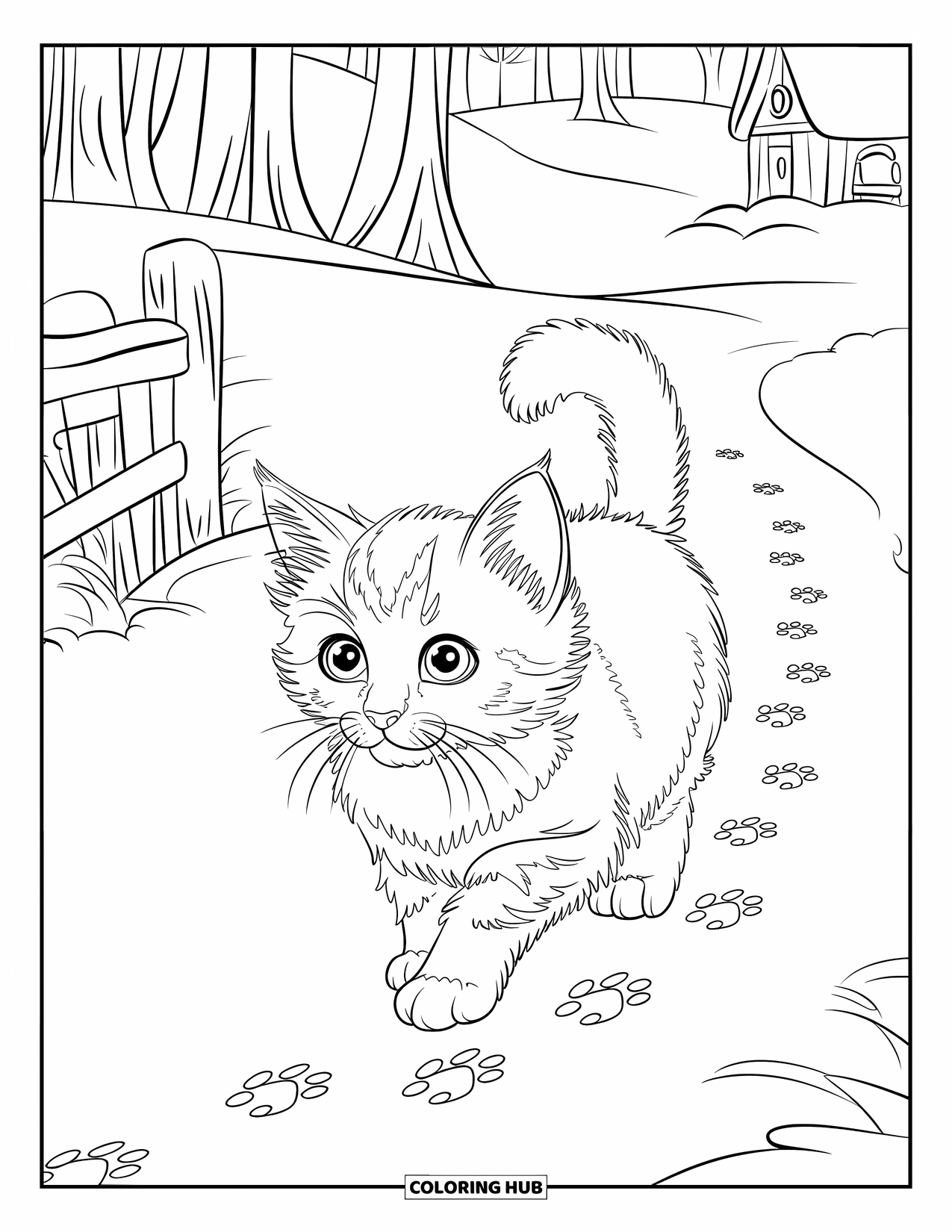 Christmas Kitten Coloring Page for Kids: A fluffy kitten pads through snow near a quiet cottage