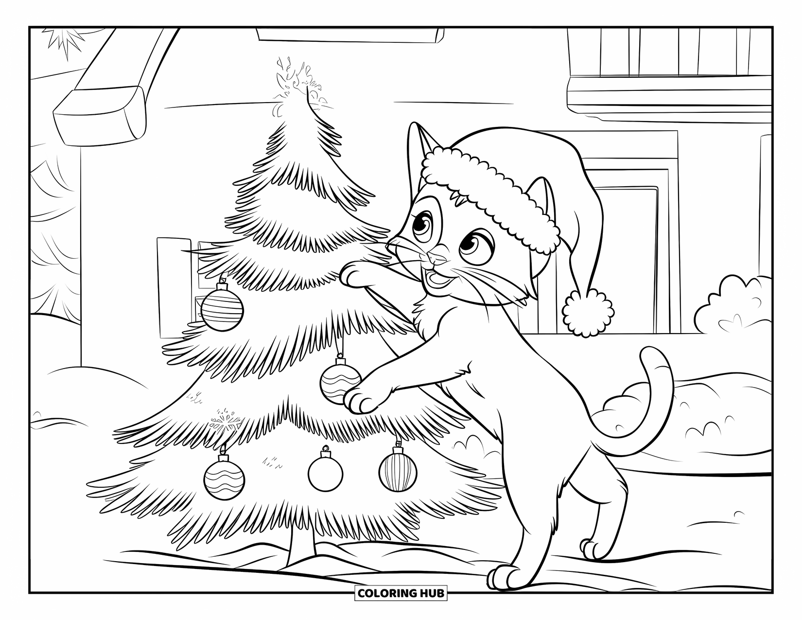 Christmas Kitten Coloring Page for Kids: A kitten climbs a tree branch to hang a shiny ornament
