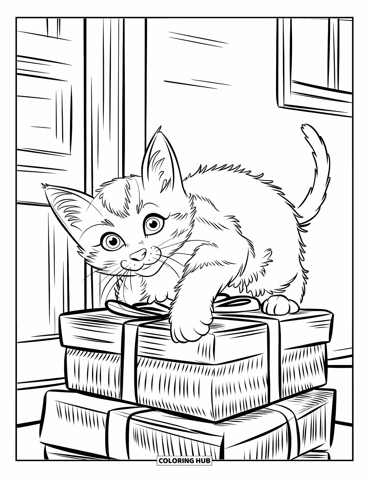 Christmas Kitten Coloring Page for Kids: A kitten climbs gift boxes beside a door and window