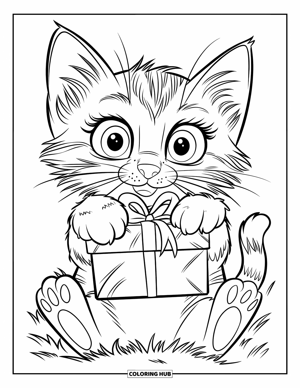 Christmas Kitten Coloring Page for Kids: A kitten clutches a small gift and looks up with bright eyes