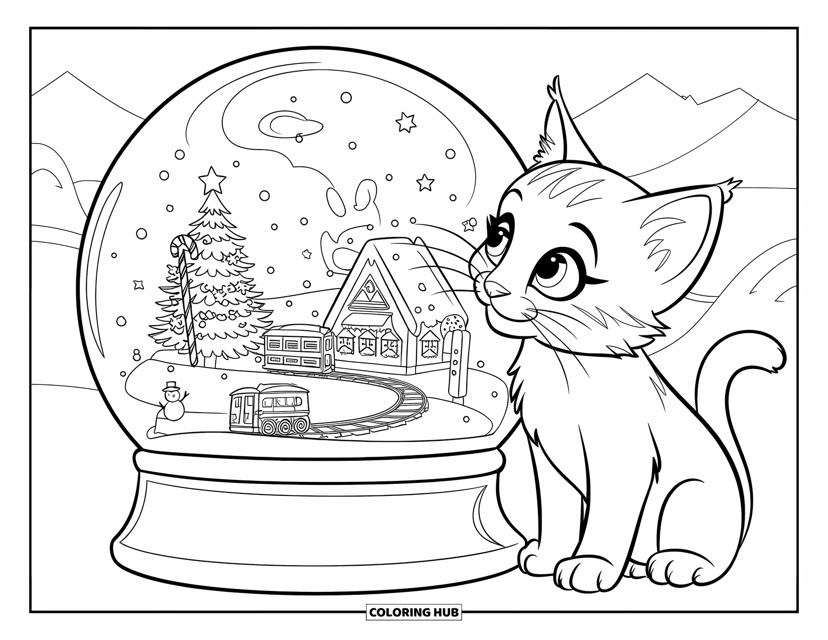 Christmas Kitten Coloring Page for Kids: A kitten gazes curiously into a snow globe filled with a festive village