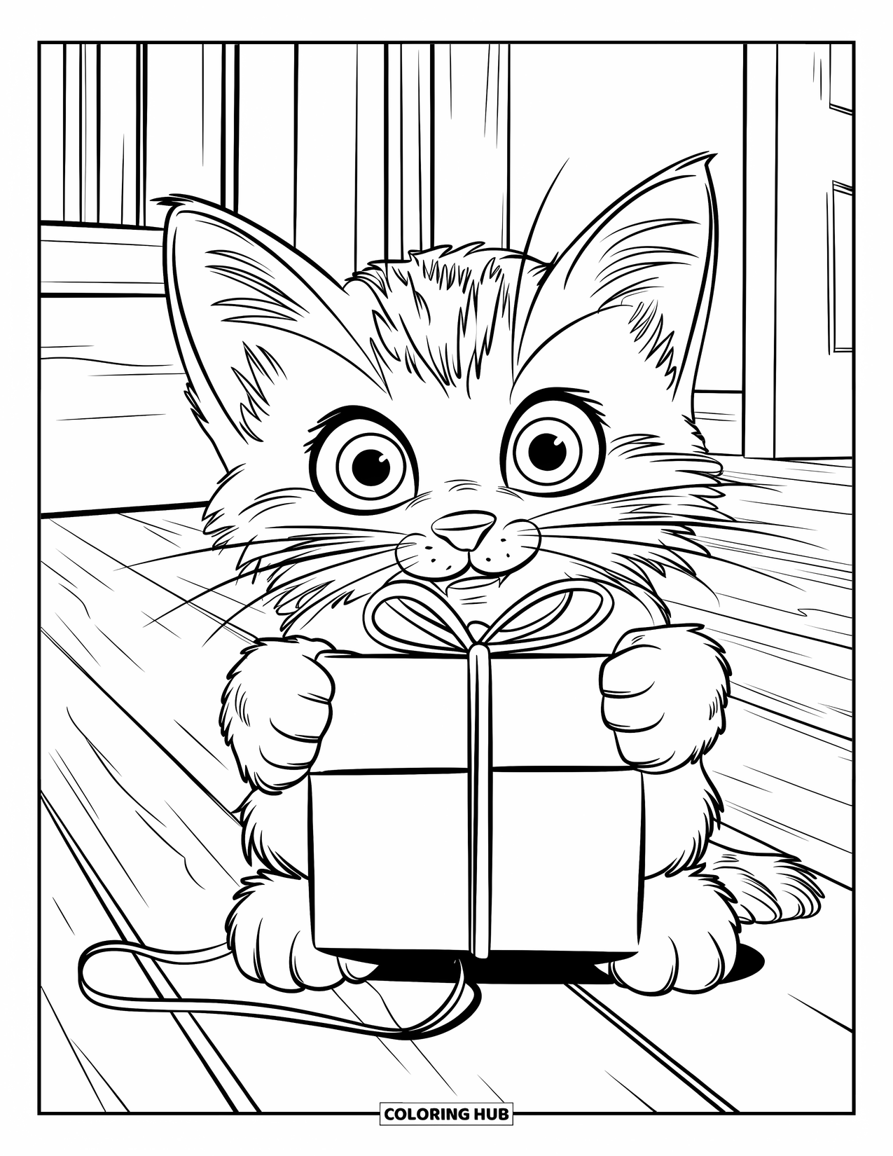 Christmas Kitten Coloring Page for Kids: A kitten holds a wrapped present tightly between its little paws