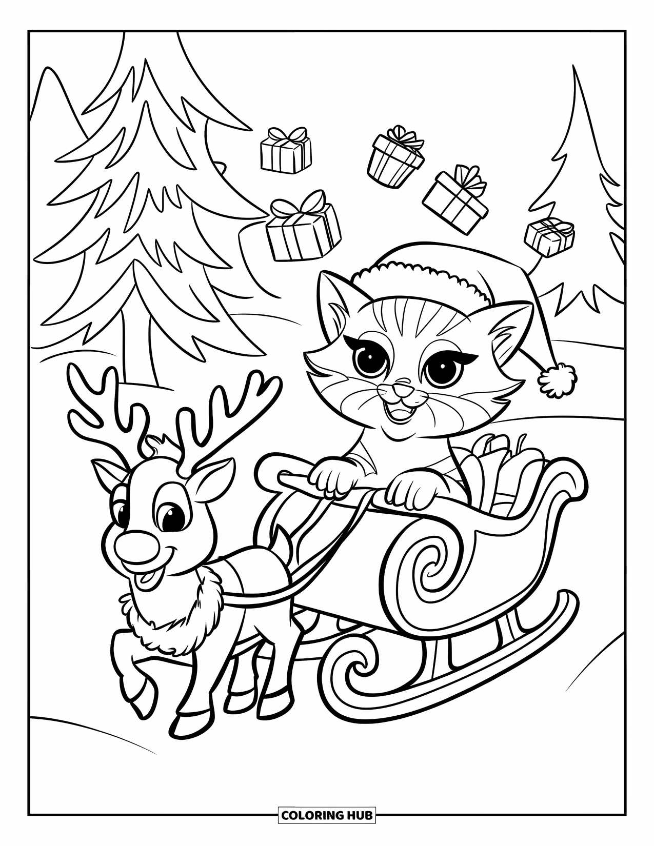 Christmas Kitten Coloring Page for Kids: A kitten in a Santa hat rides a sleigh past snowy pines