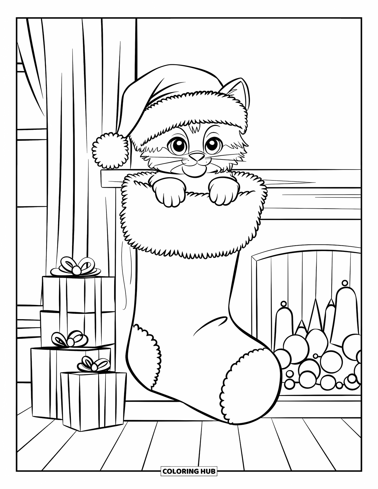 Christmas Kitten Coloring Page for Kids: A kitten in a Santa hat snuggles inside a hanging Christmas stocking