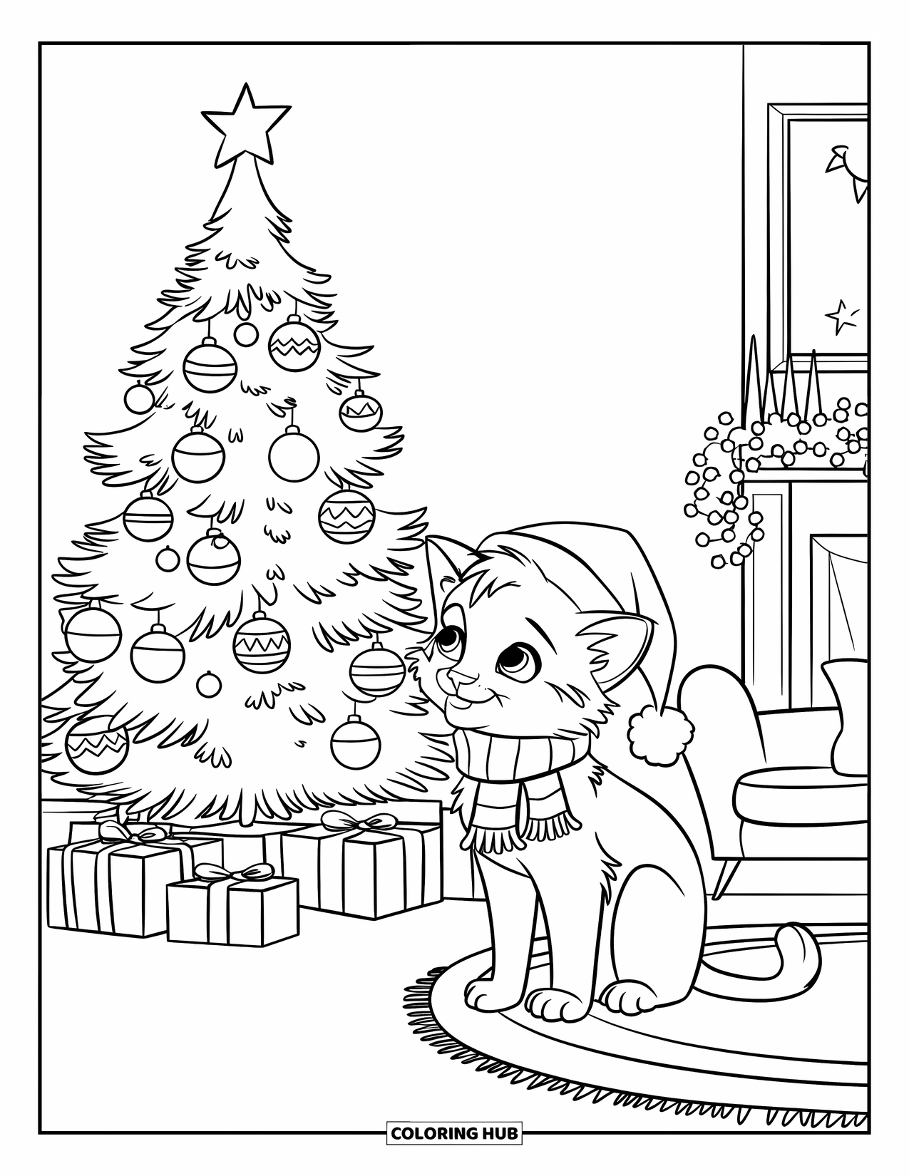 Christmas Kitten Coloring Page for Kids: A kitten in a scarf gazes at a glowing Christmas tree