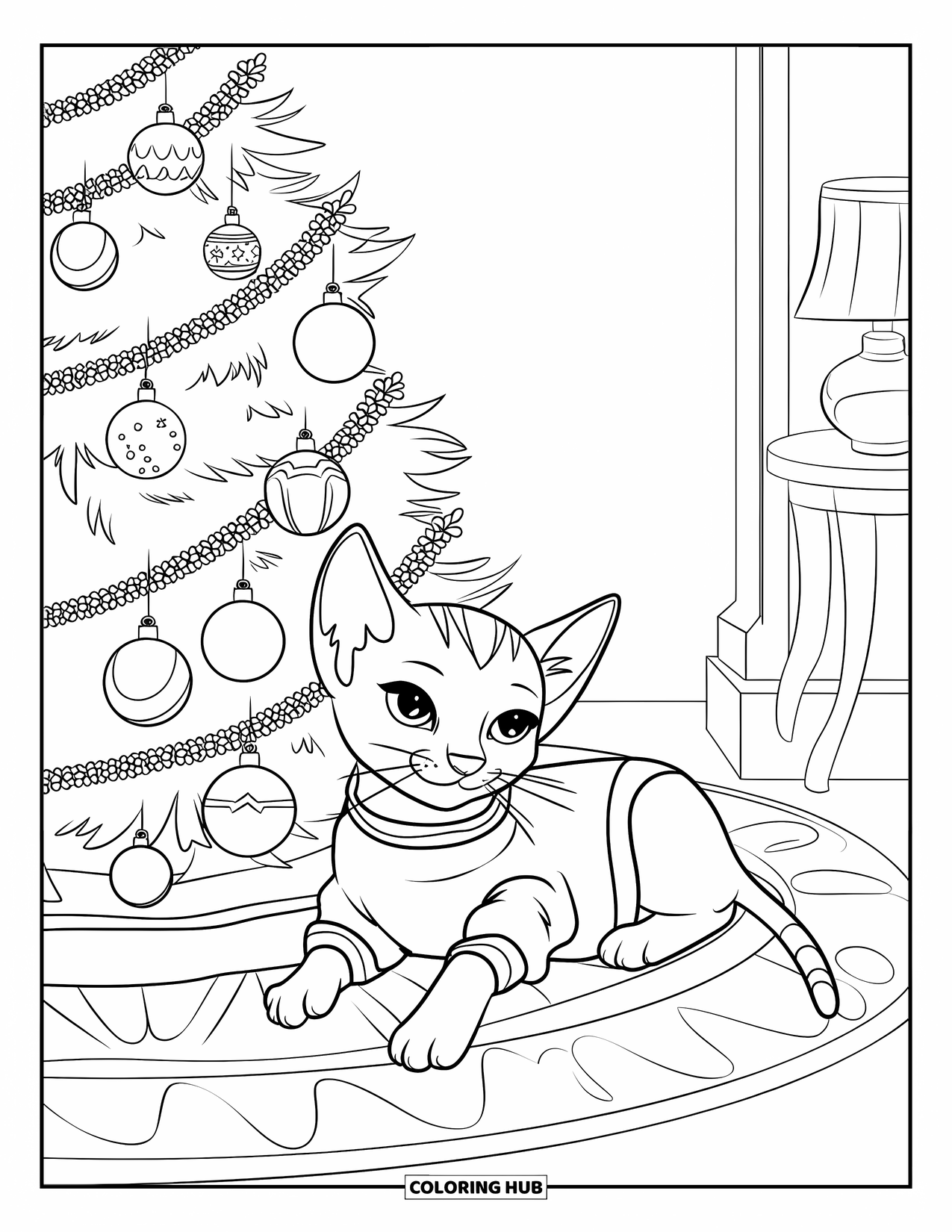 Christmas Kitten Coloring Page for Kids: A kitten lounges near a glowing Christmas tree with ornaments