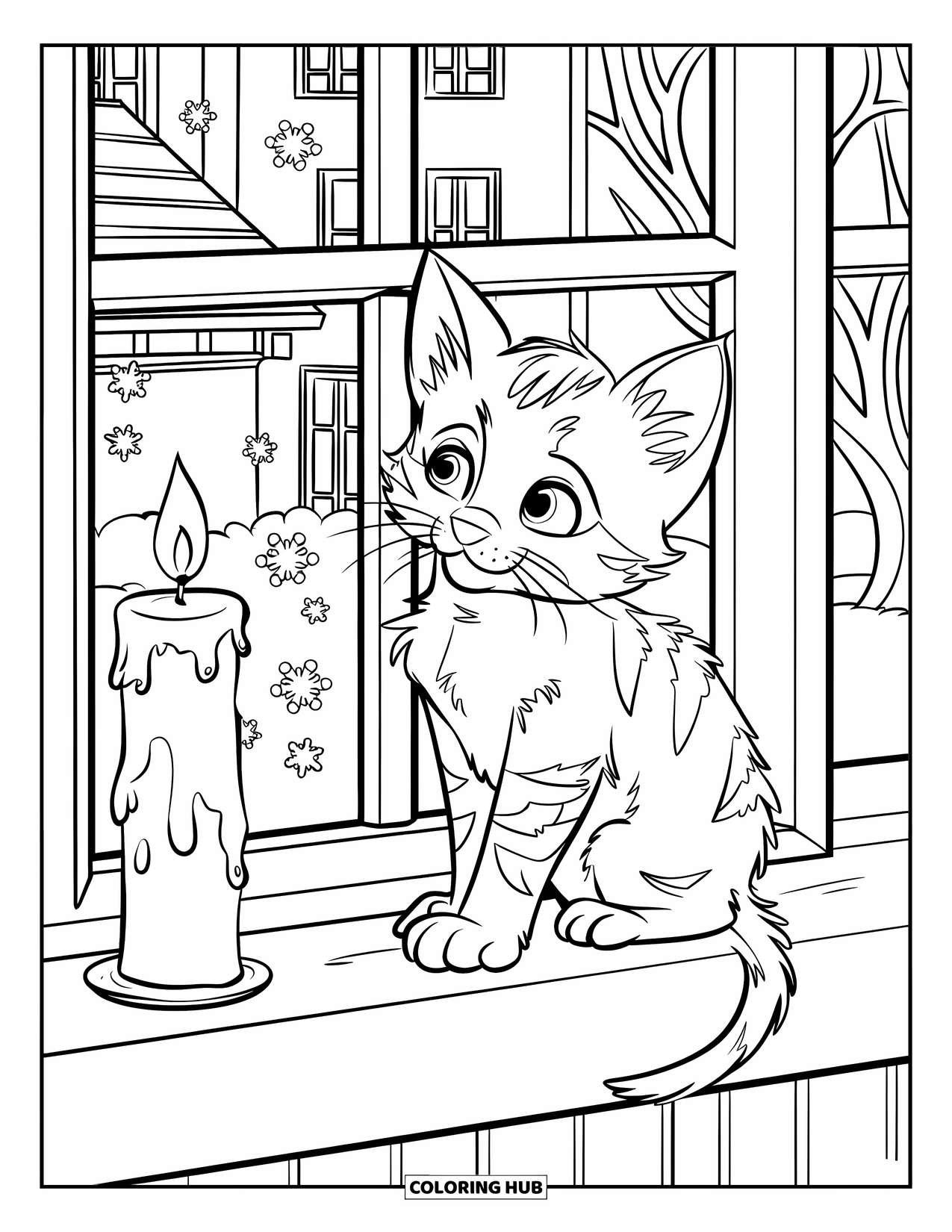 Christmas Kitten Coloring Page for Kids: A kitten on a windowsill gazes at snow under a glowing candle