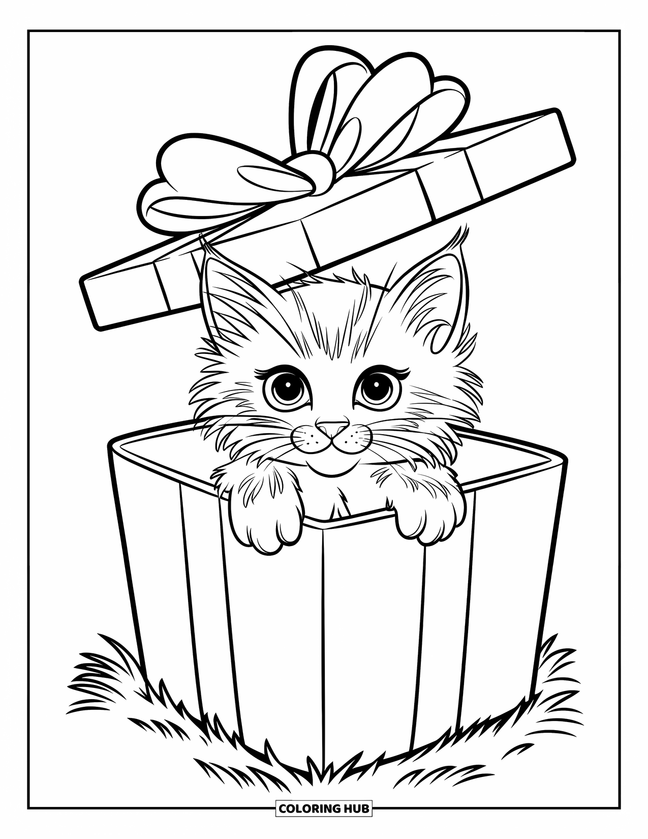 Christmas Kitten Coloring Page for Kids: A kitten peeks out of a gift box topped with a ribbon bow