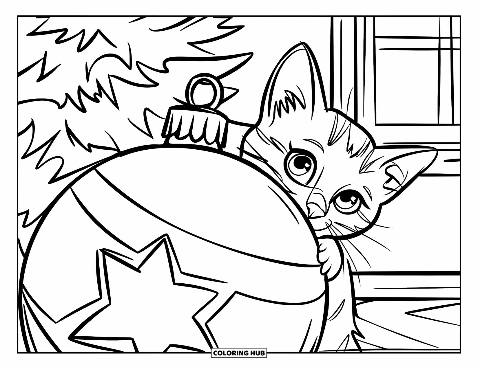 Christmas Kitten Coloring Page for Kids: A kitten peeks playfully from behind a shiny holiday ornament