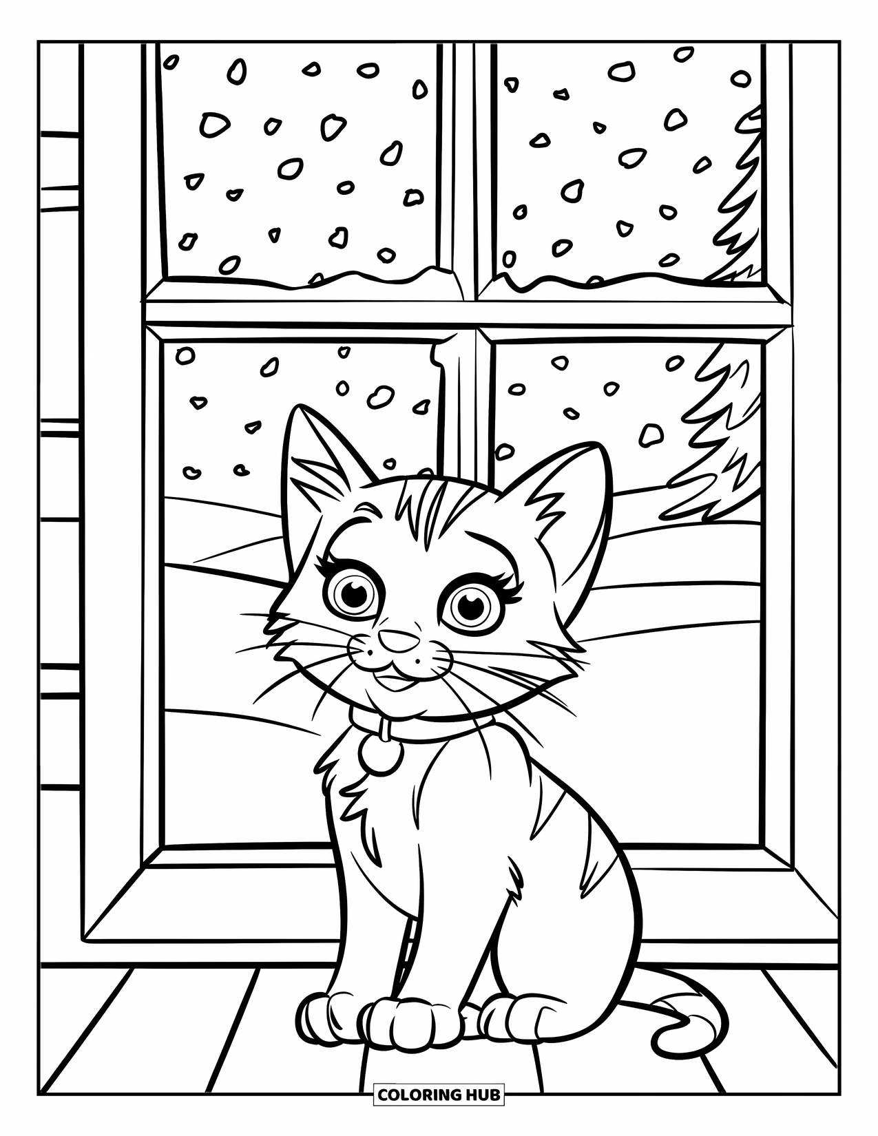 Christmas Kitten Coloring Page for Kids: A kitten peers out a window at falling snowflakes and trees