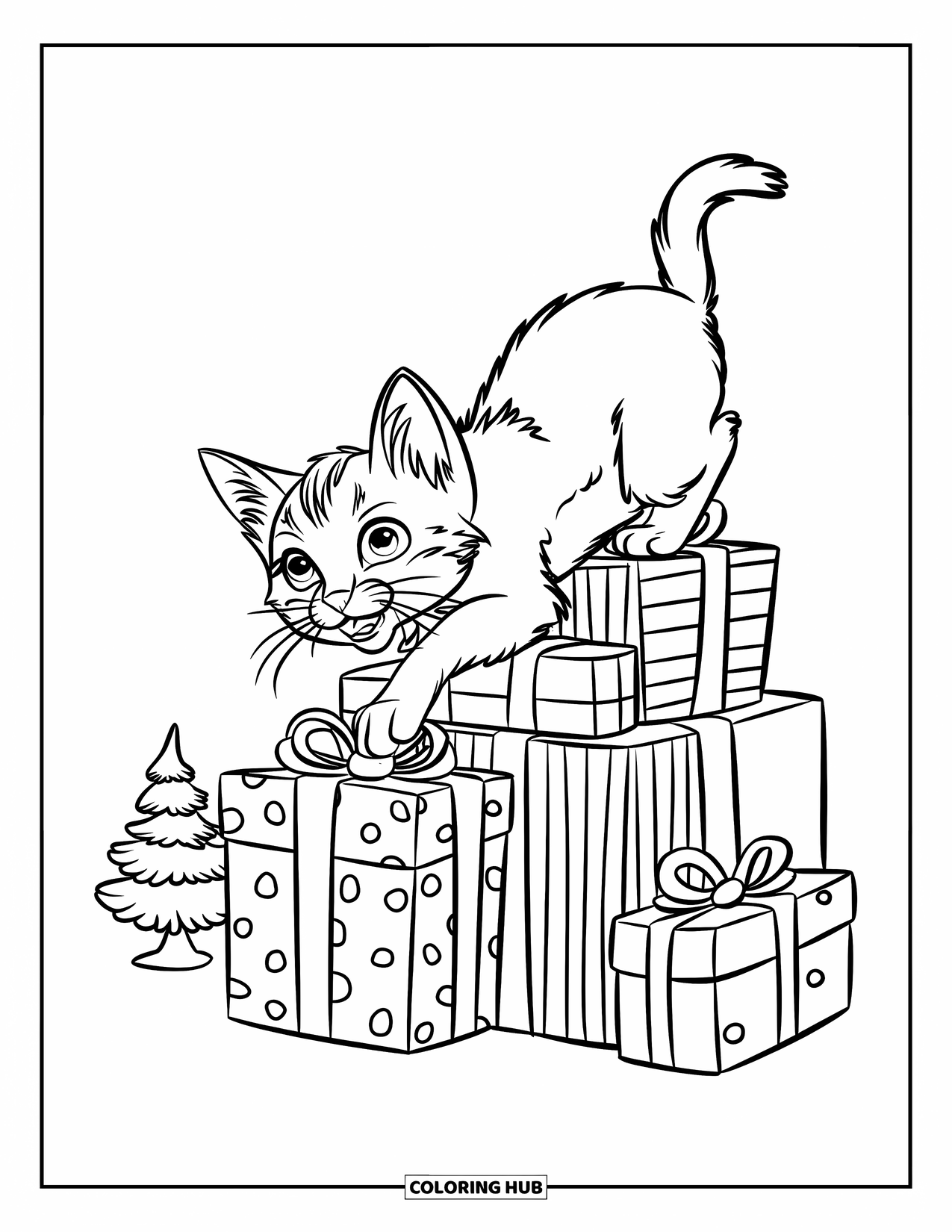 Christmas Kitten Coloring Page for Kids: A kitten scales a pile of patterned presents near a tiny tree