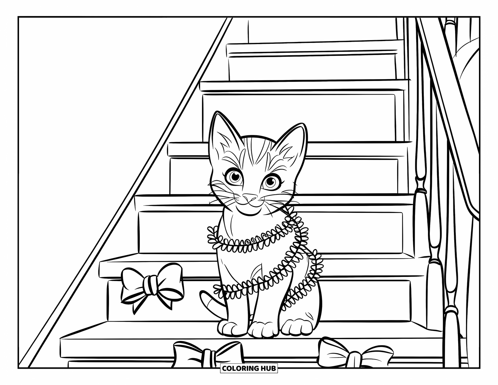 Christmas Kitten Coloring Page for Kids: A kitten sits on a staircase wrapped in holiday garlands and bows