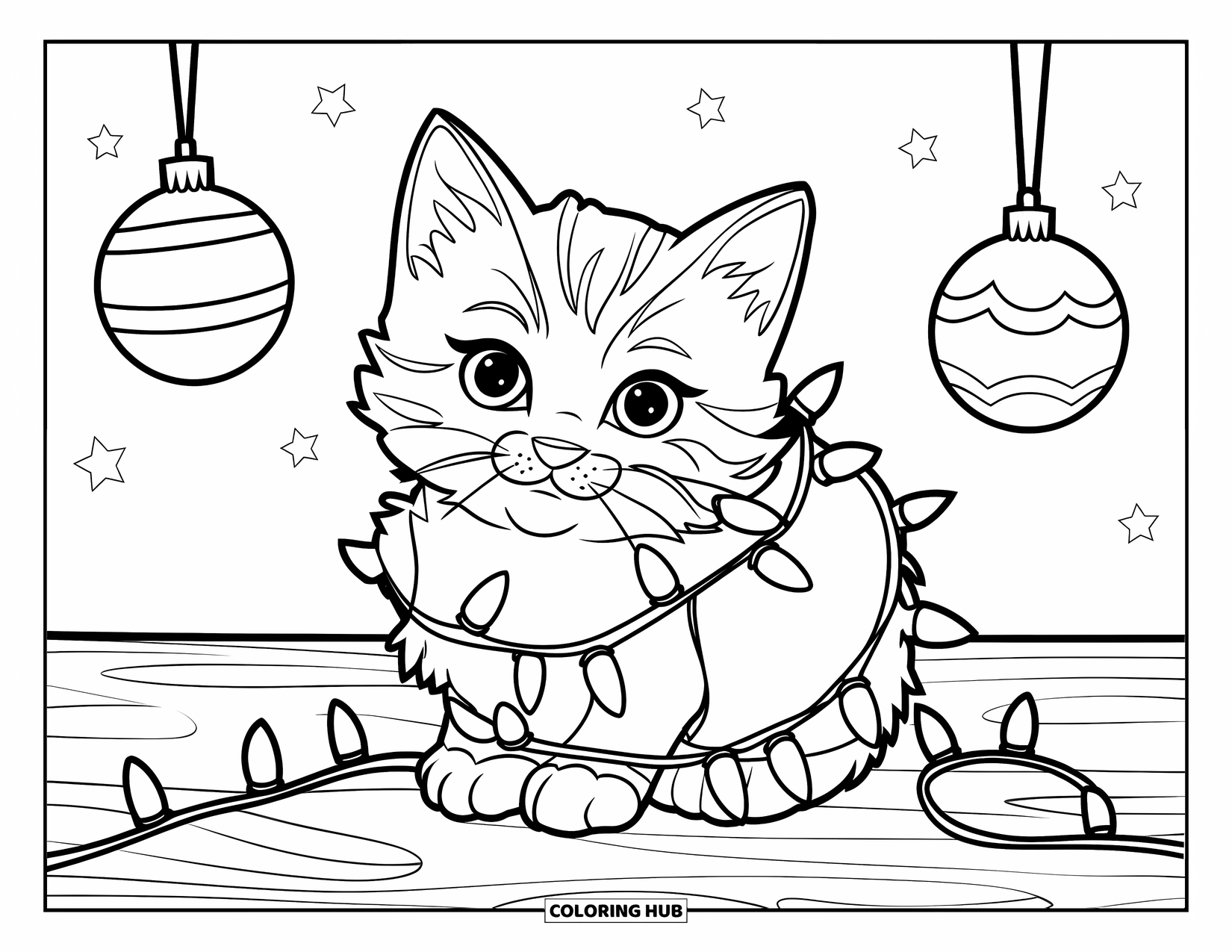 Christmas Kitten Coloring Page for Kids: A kitten sits wrapped in string lights surrounded by tiny stars